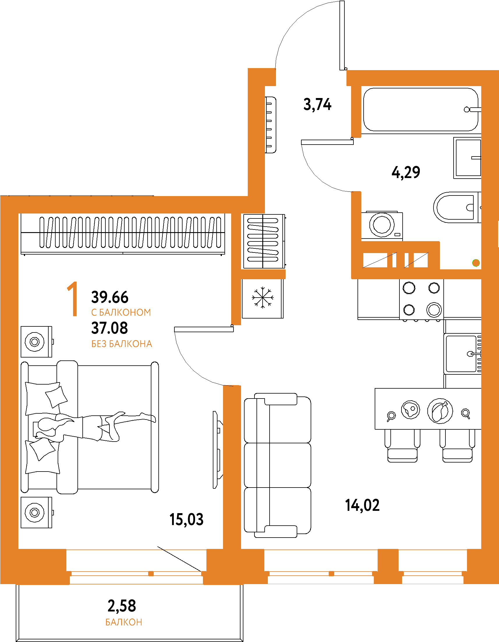 ЖК "Авторский"-1-комнатная 39.66 м²