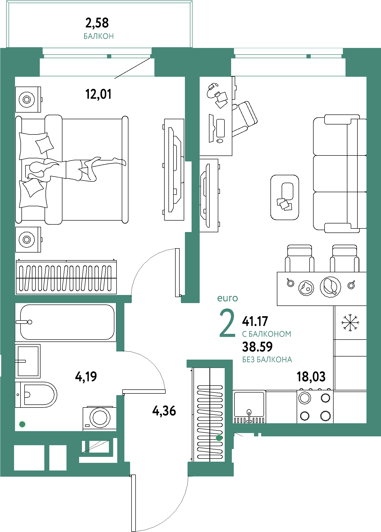 Купить 2-комнатную квартиру 41.17м², этаж №10 кв №235 в ЖК 