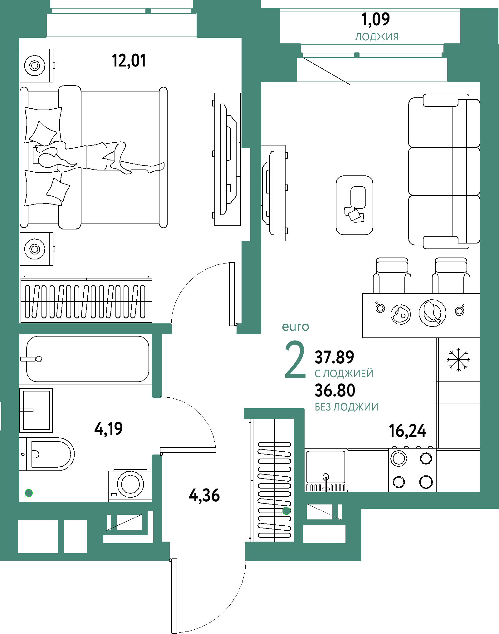 ЖК "Авторский"-2-комнатная 37.89 м²