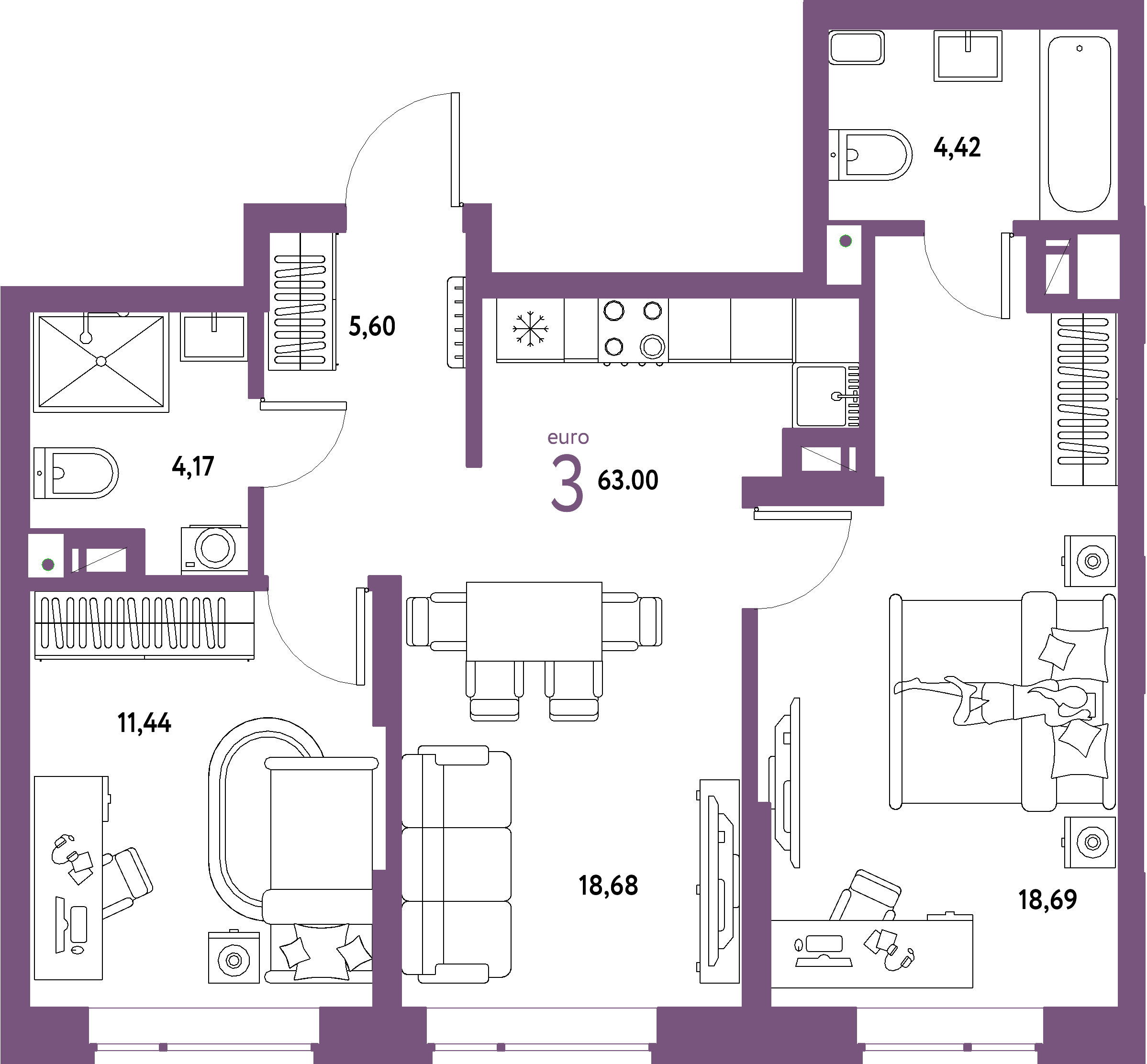 Купить 3-комнатную квартиру 63.0м², этаж №12 кв №259 в ЖК 