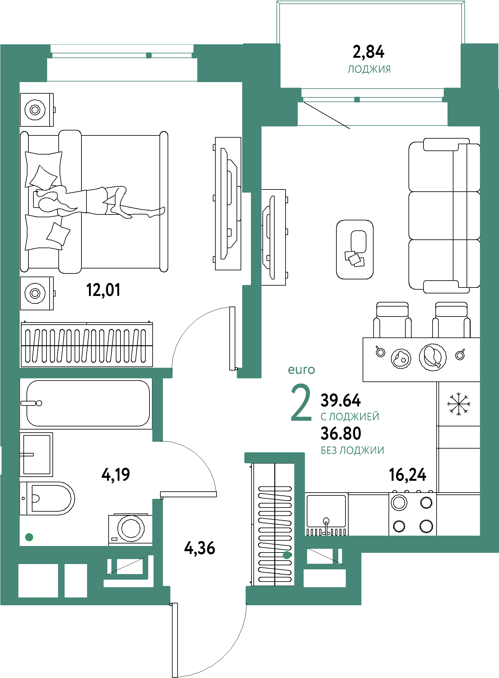 ЖК "Авторский"-2-комнатная 39.64 м²