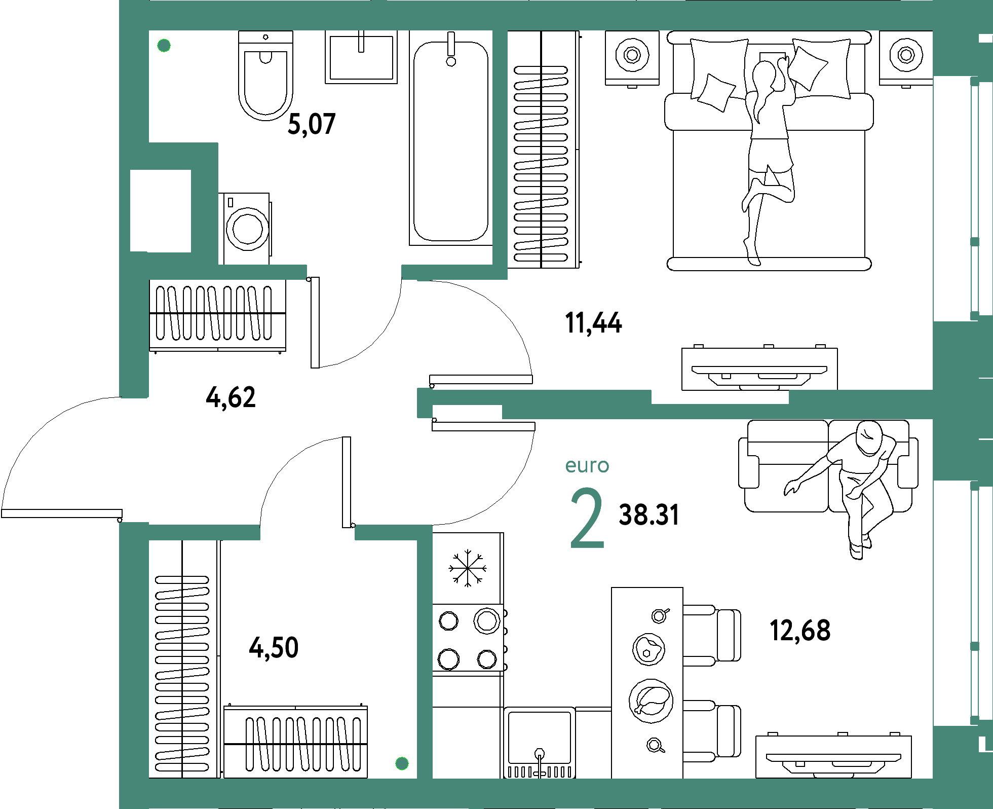 Купить 2-комнатную квартиру 38.31м², этаж №2 кв №277 в ЖК 