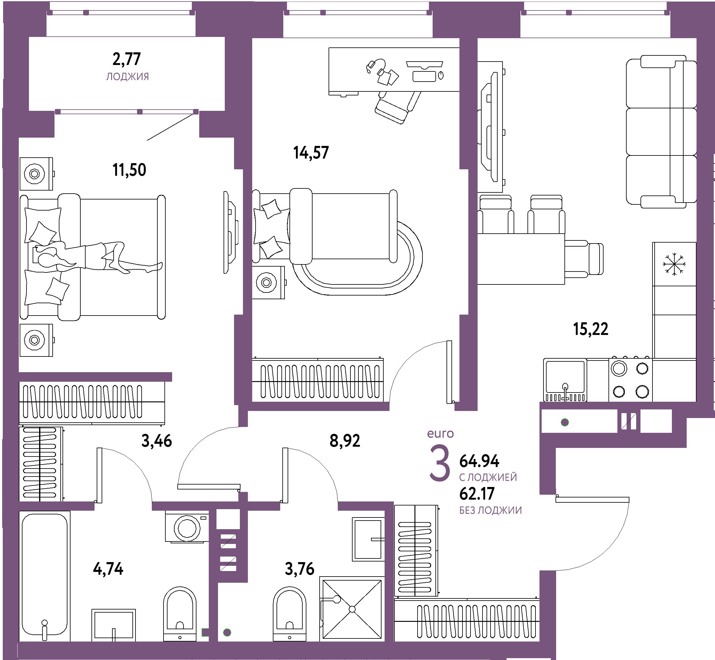 ЖК "Авторский"-3-комнатная 64.94 м²