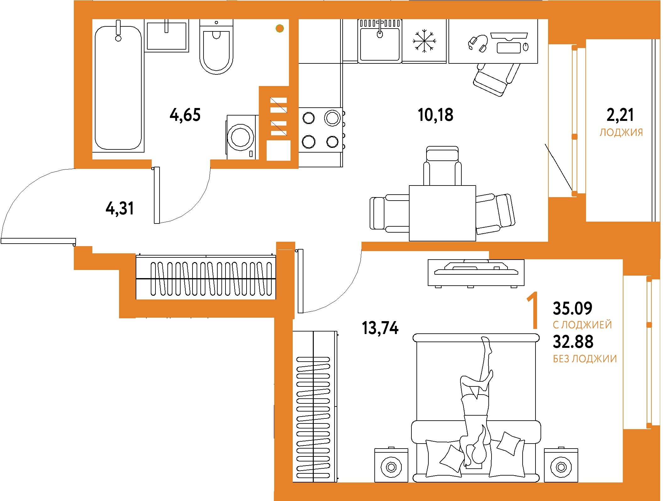 Купить 1-комнатную квартиру 35.09м², этаж №3 кв №287 в ЖК 