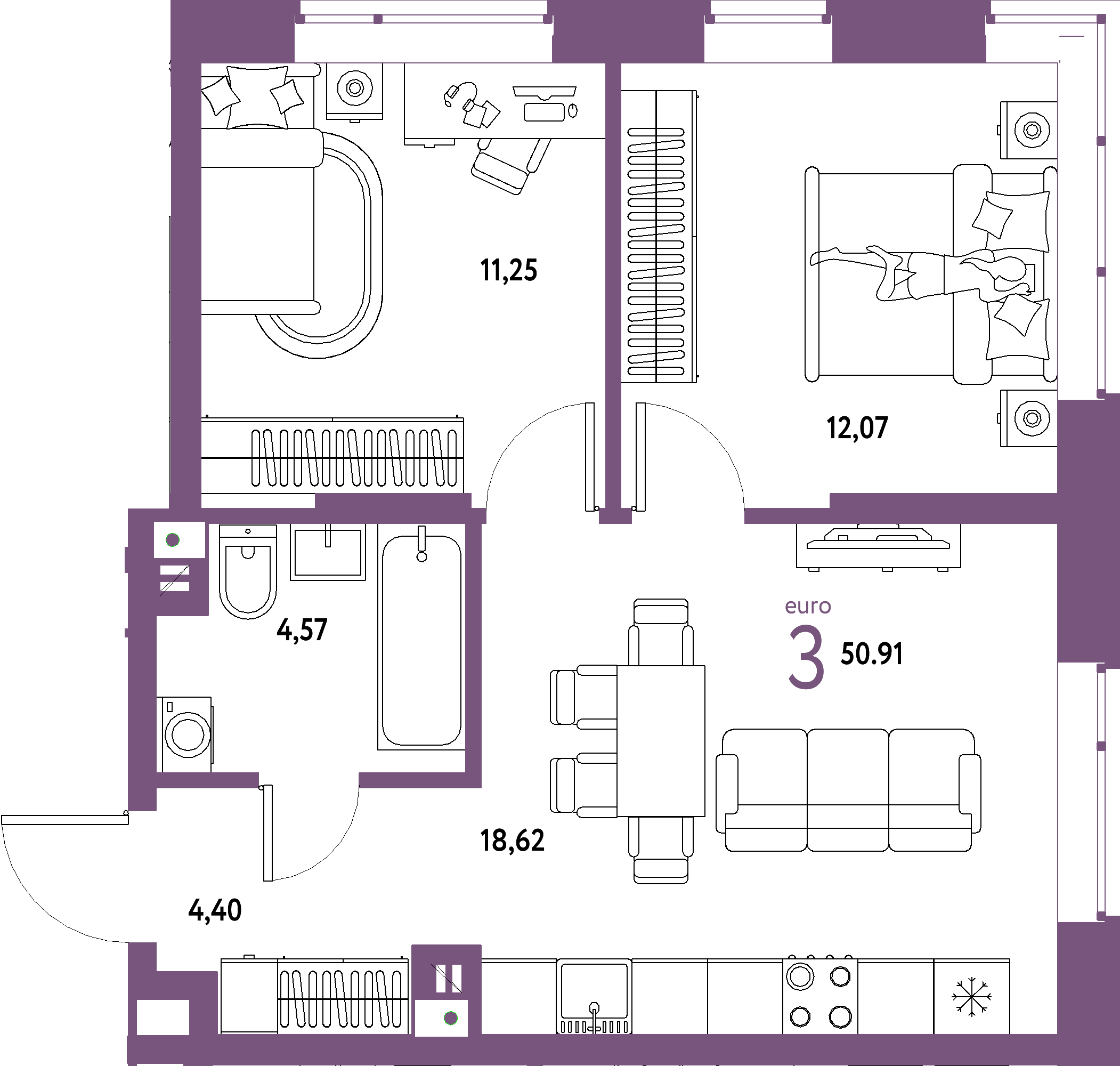 Купить 3-комнатную квартиру 50.91м², этаж №4 кв №296 в ЖК 