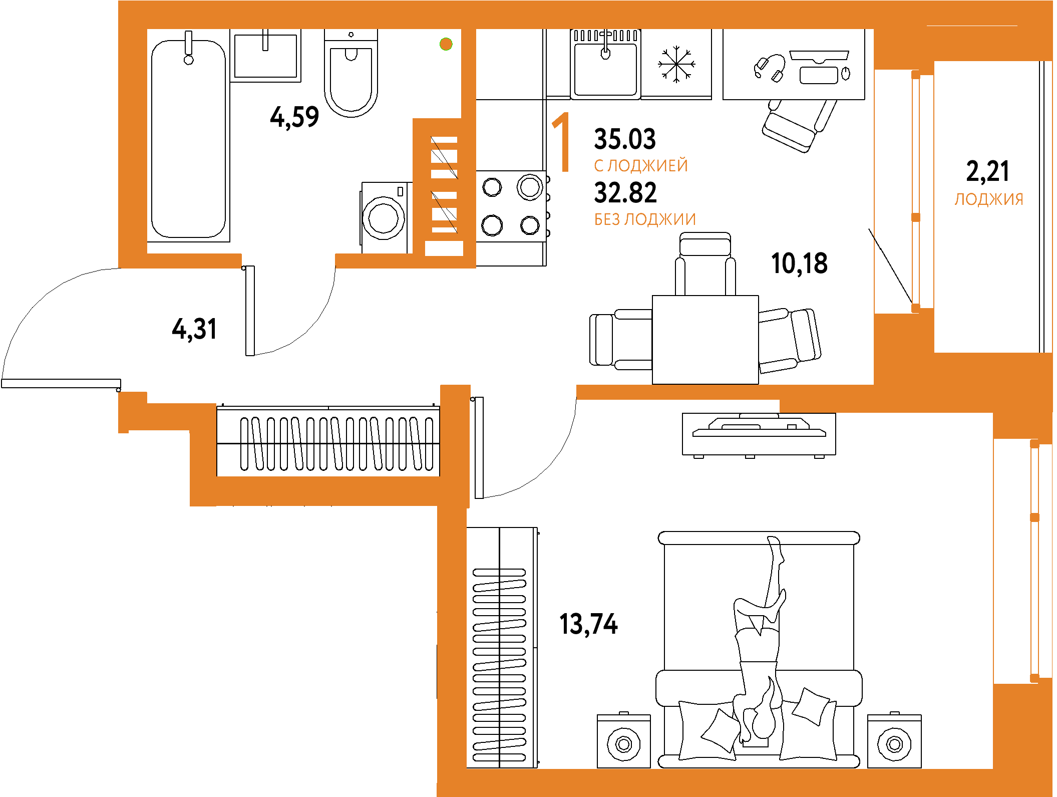 ЖК "Авторский"-1-комнатная 35.03 м²