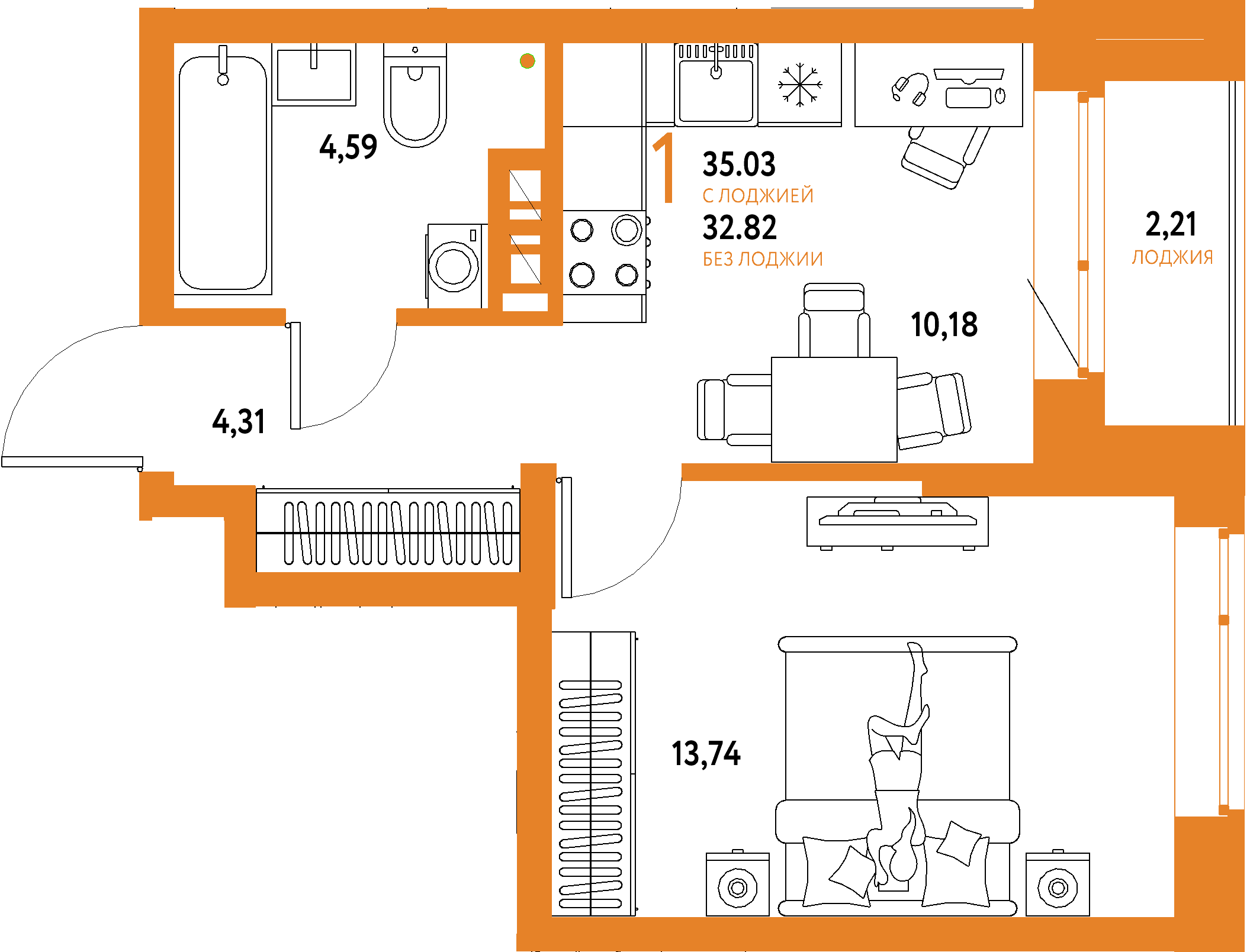 ЖК "Авторский"-1-комнатная 35.03 м²