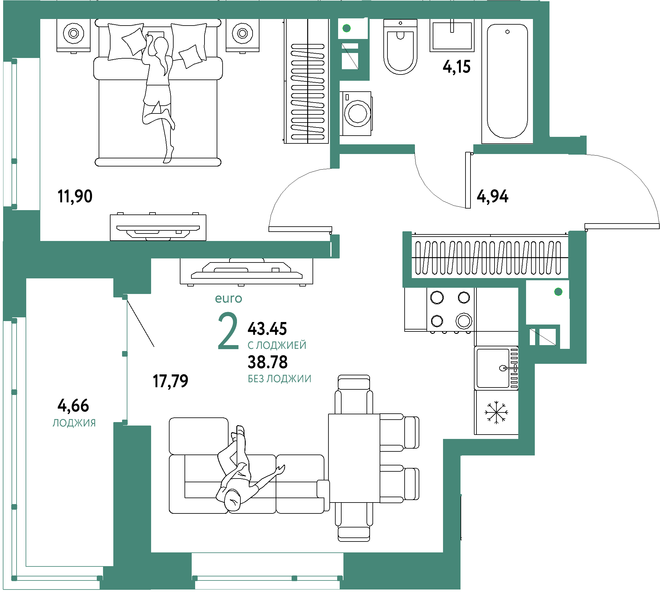 ЖК "Авторский"-2-комнатная 43.45 м²