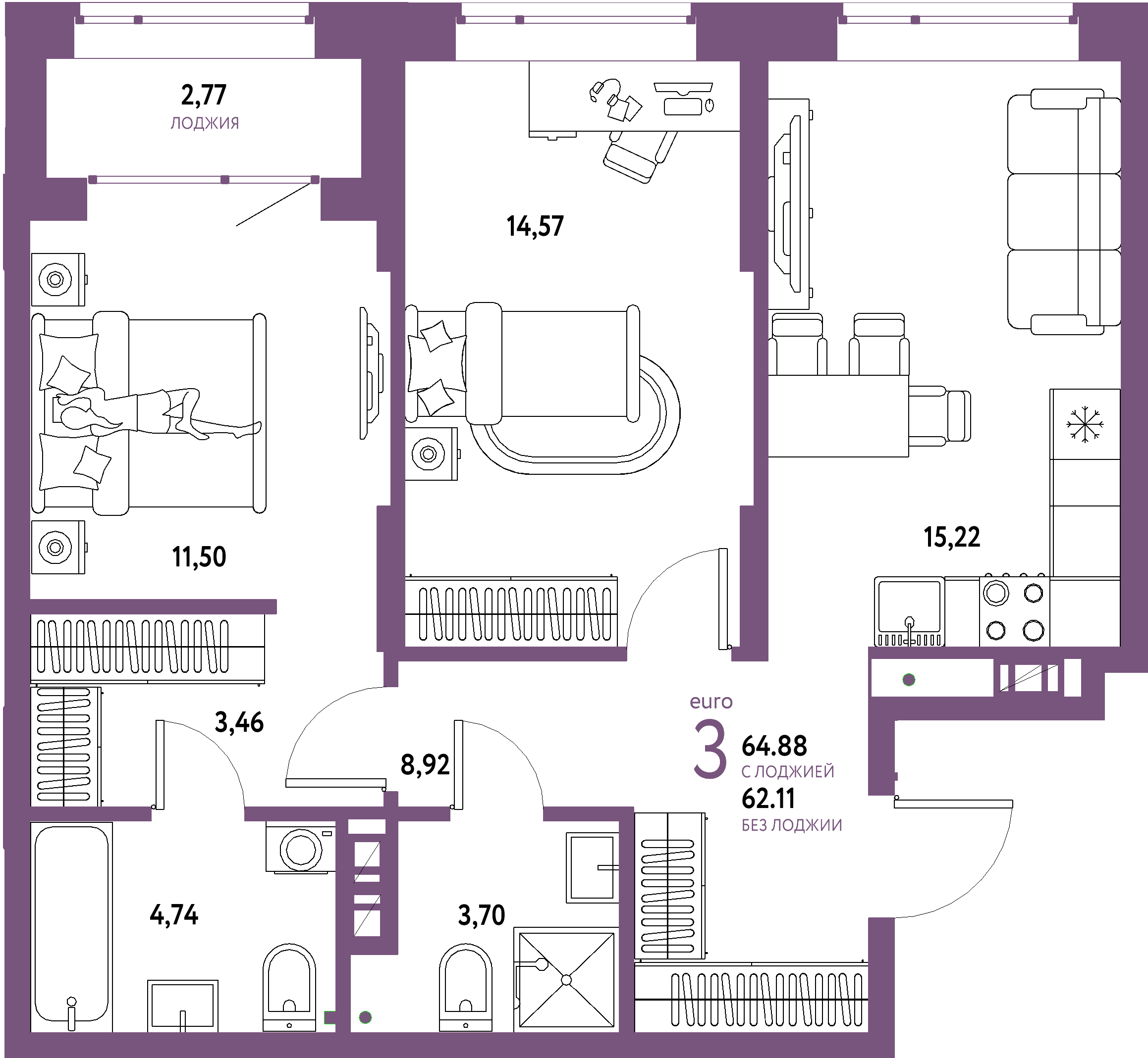ЖК "Авторский"-3-комнатная 64.88 м²