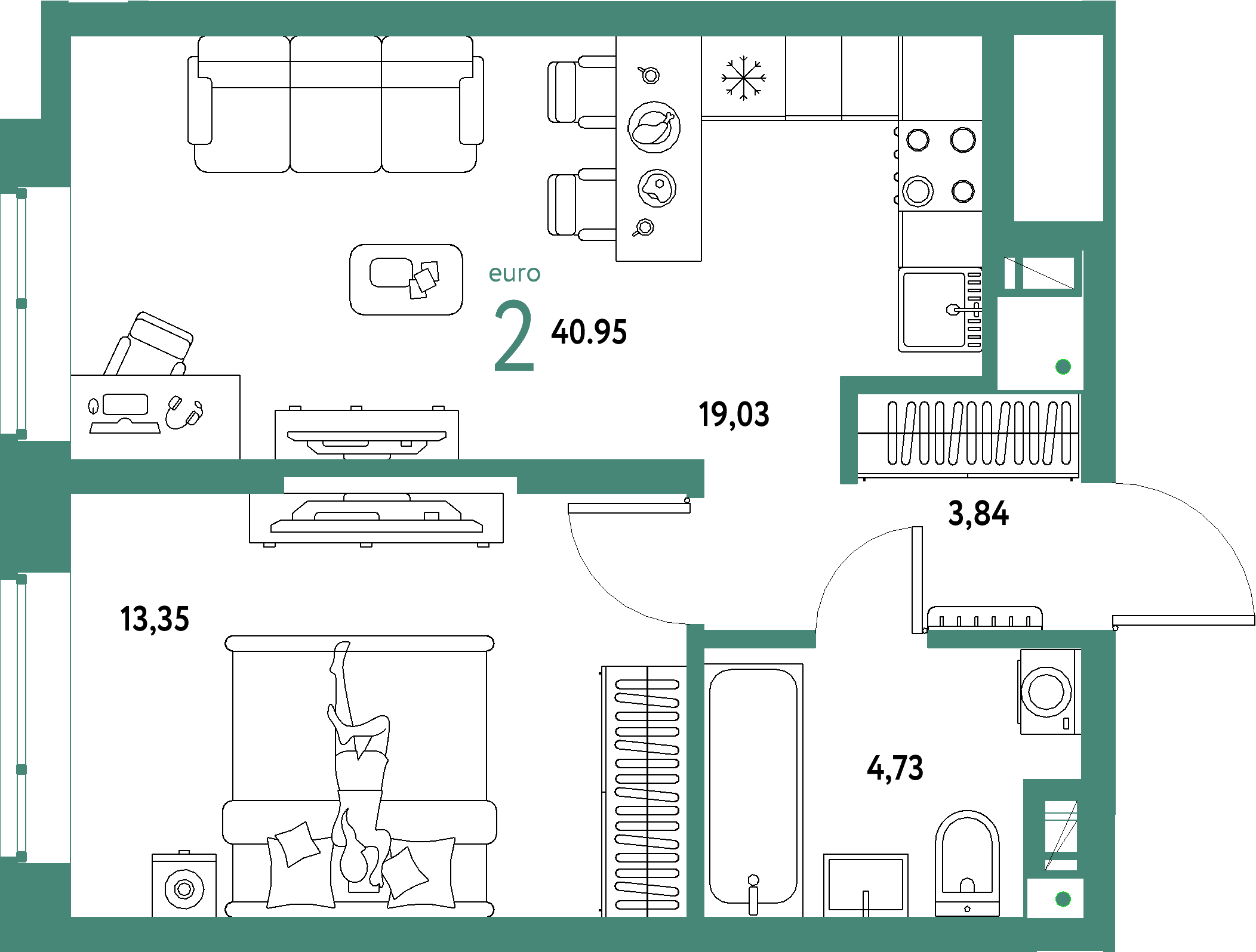 ЖК "Авторский"-2-комнатная 40.95 м²