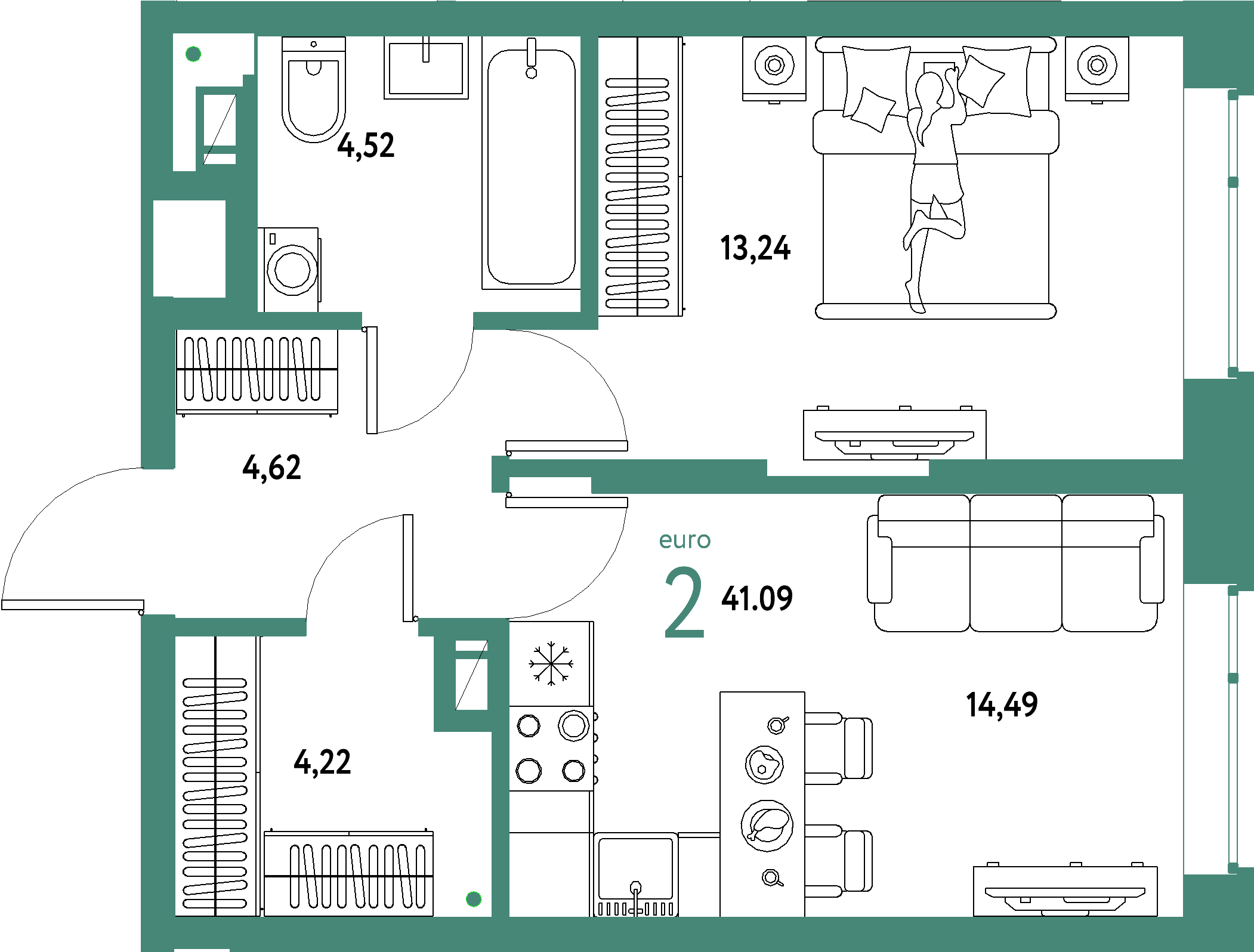 ЖК "Авторский"-2-комнатная 41.09 м²