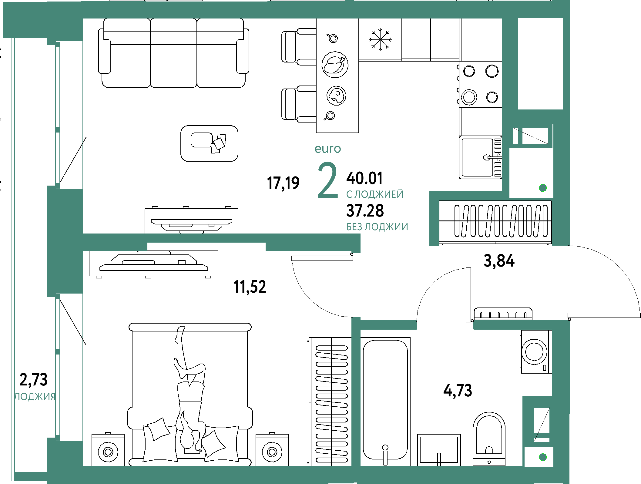 ЖК "Авторский"-2-комнатная 40.01 м²