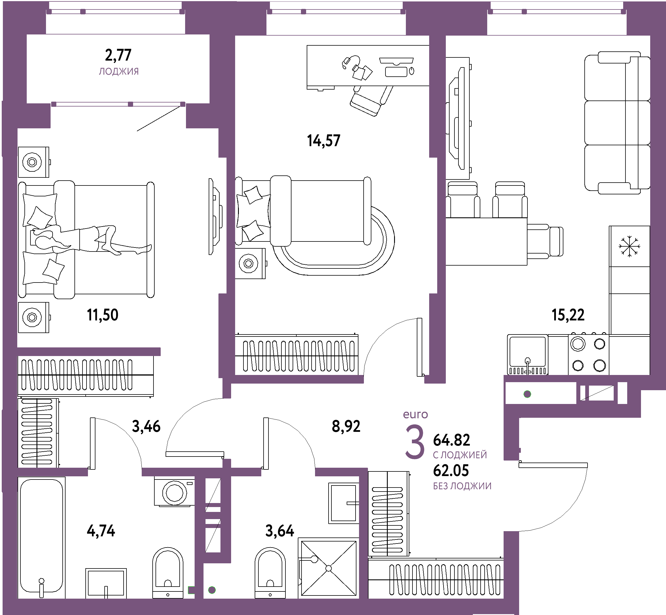 ЖК "Авторский"-3-комнатная 64.82 м²
