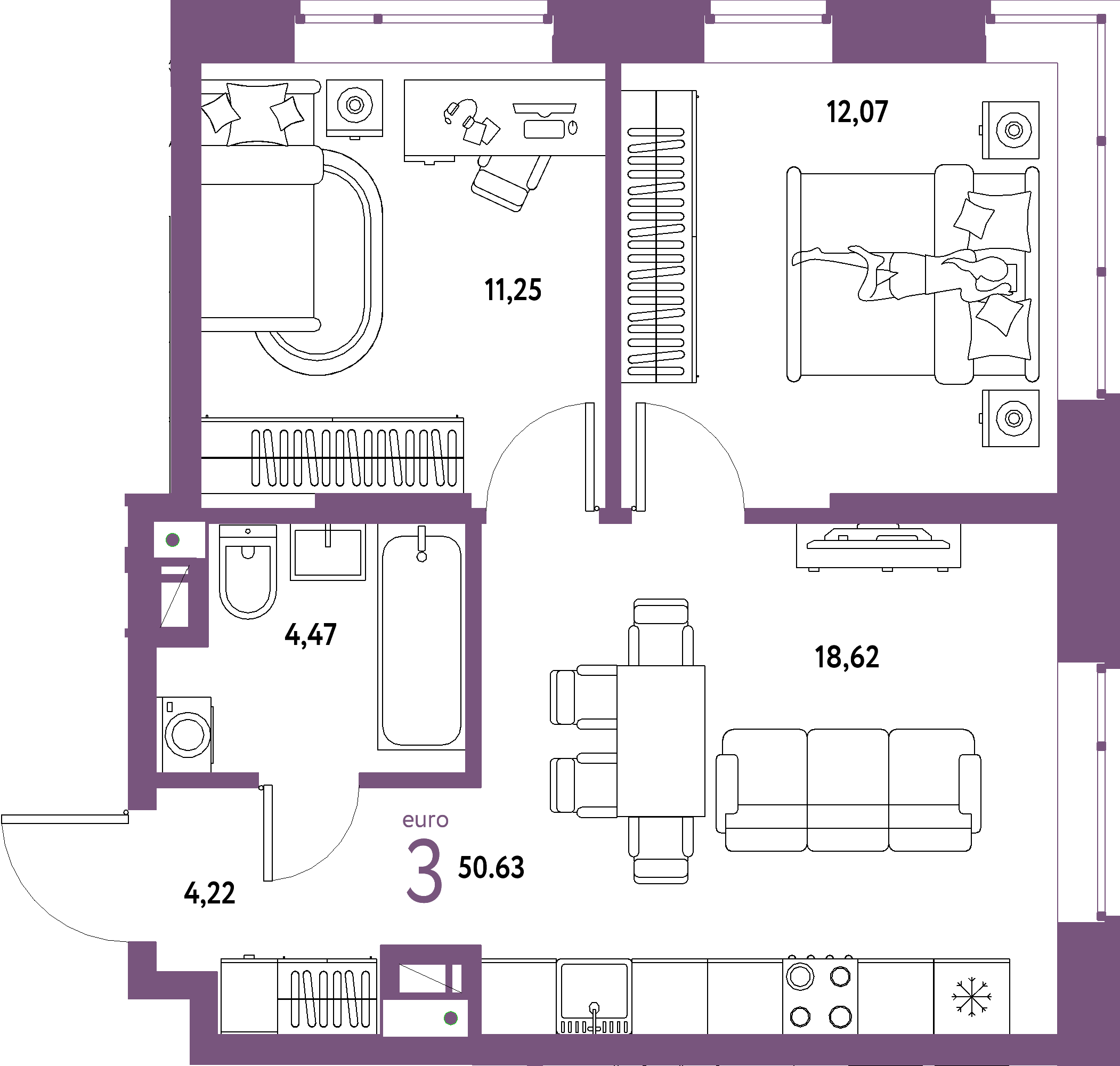 Купить 3-комнатную квартиру 50.63м², этаж №12 кв №392 в ЖК 