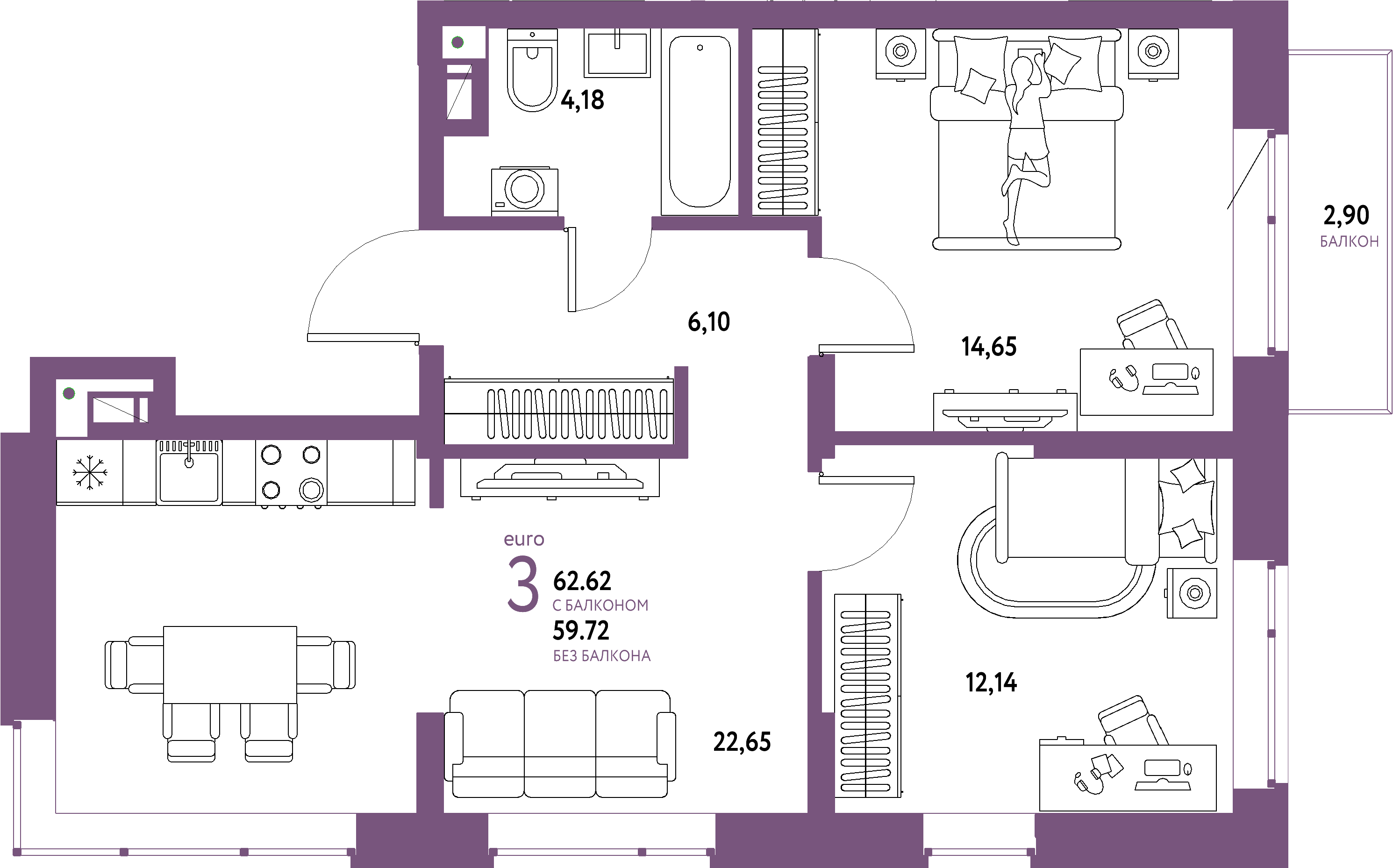 ЖК "Авторский"-3-комнатная 62.62 м²