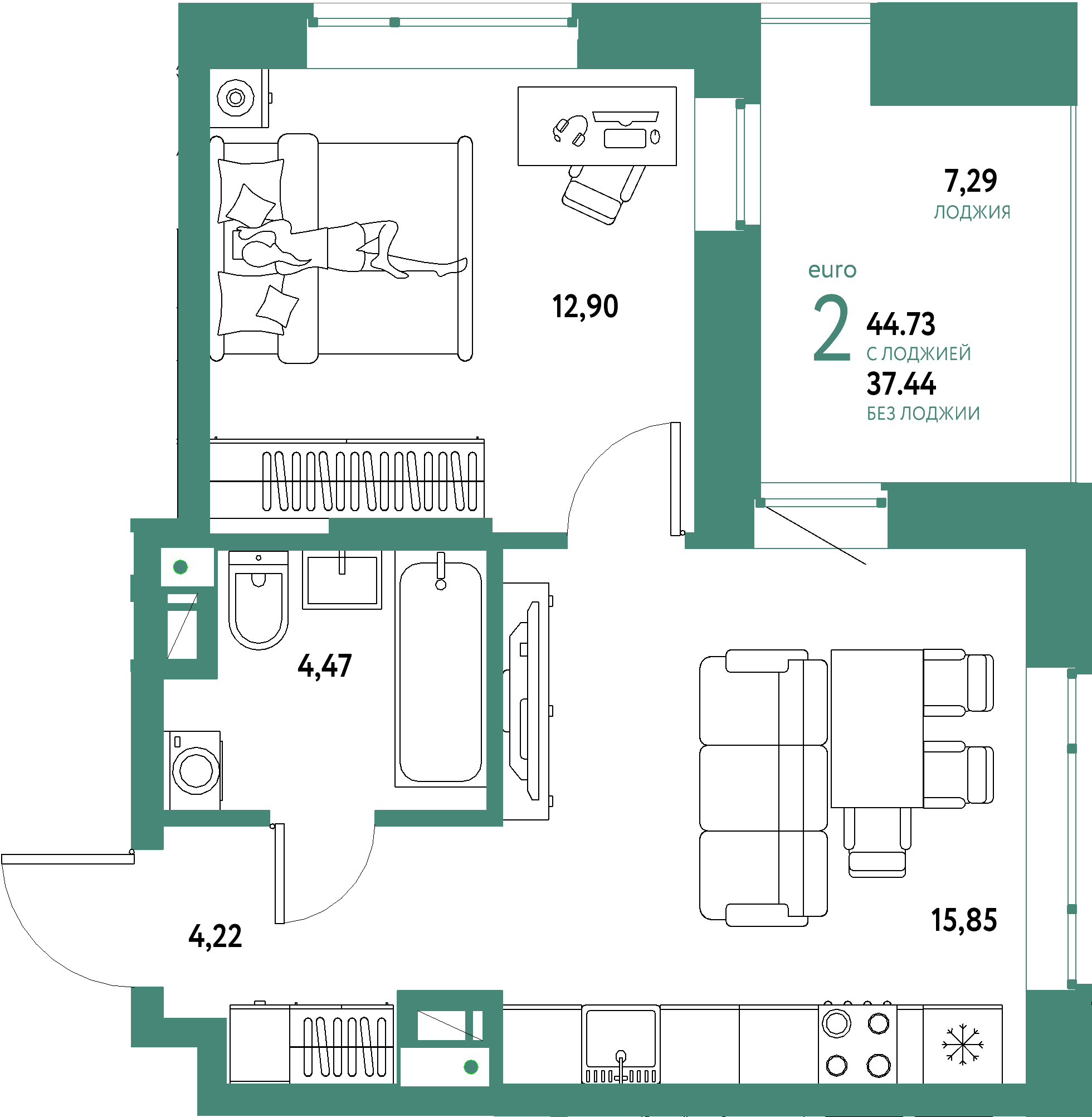 ЖК "Авторский"-2-комнатная 44.73 м²