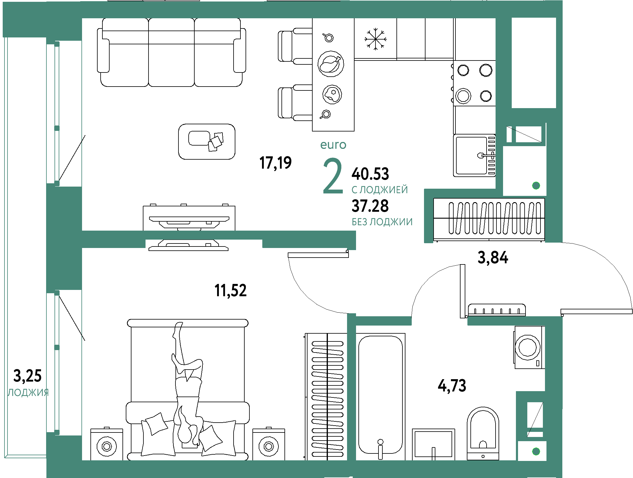 ЖК "Авторский"-2-комнатная 40.53 м²