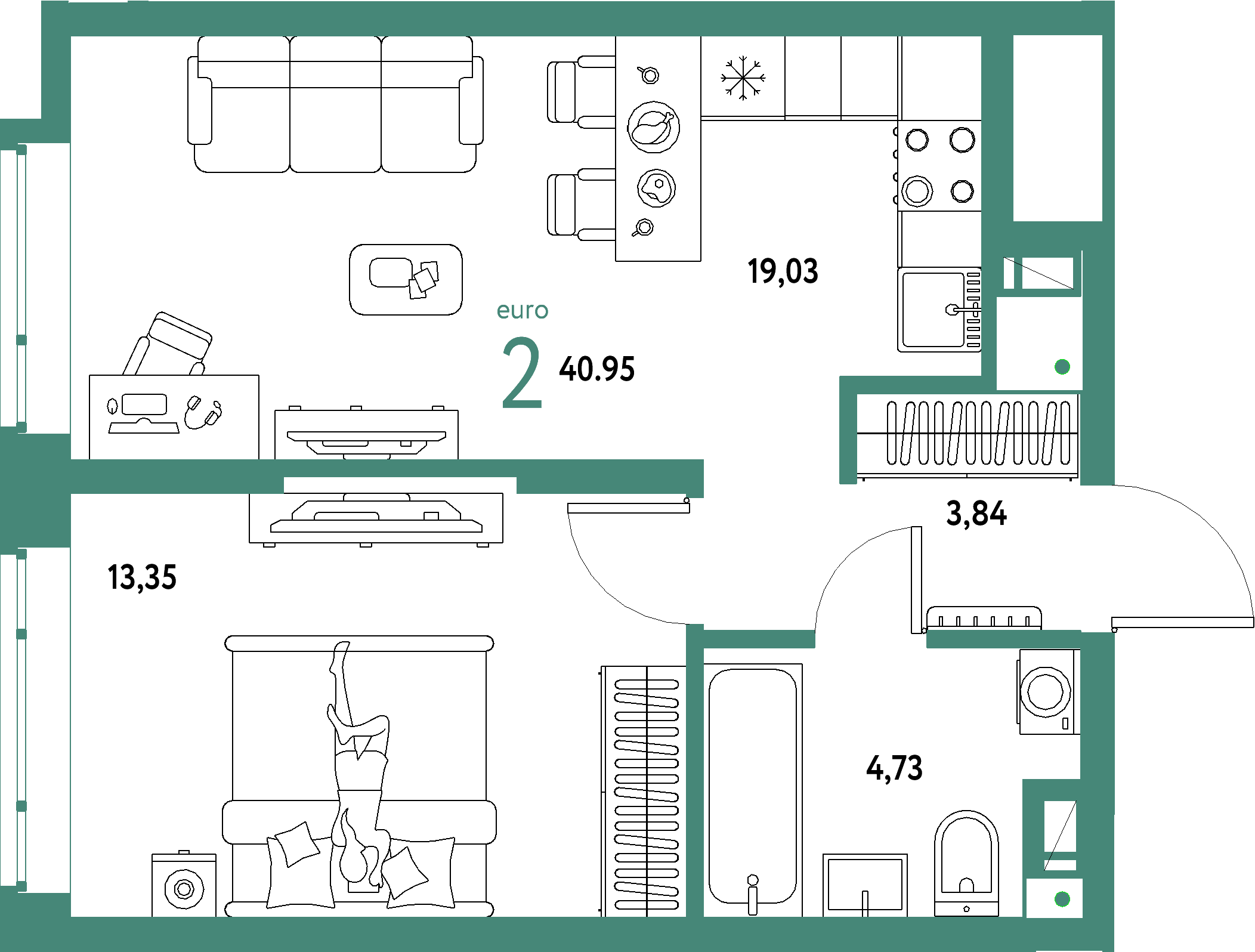 ЖК "Авторский"-2-комнатная 40.95 м²