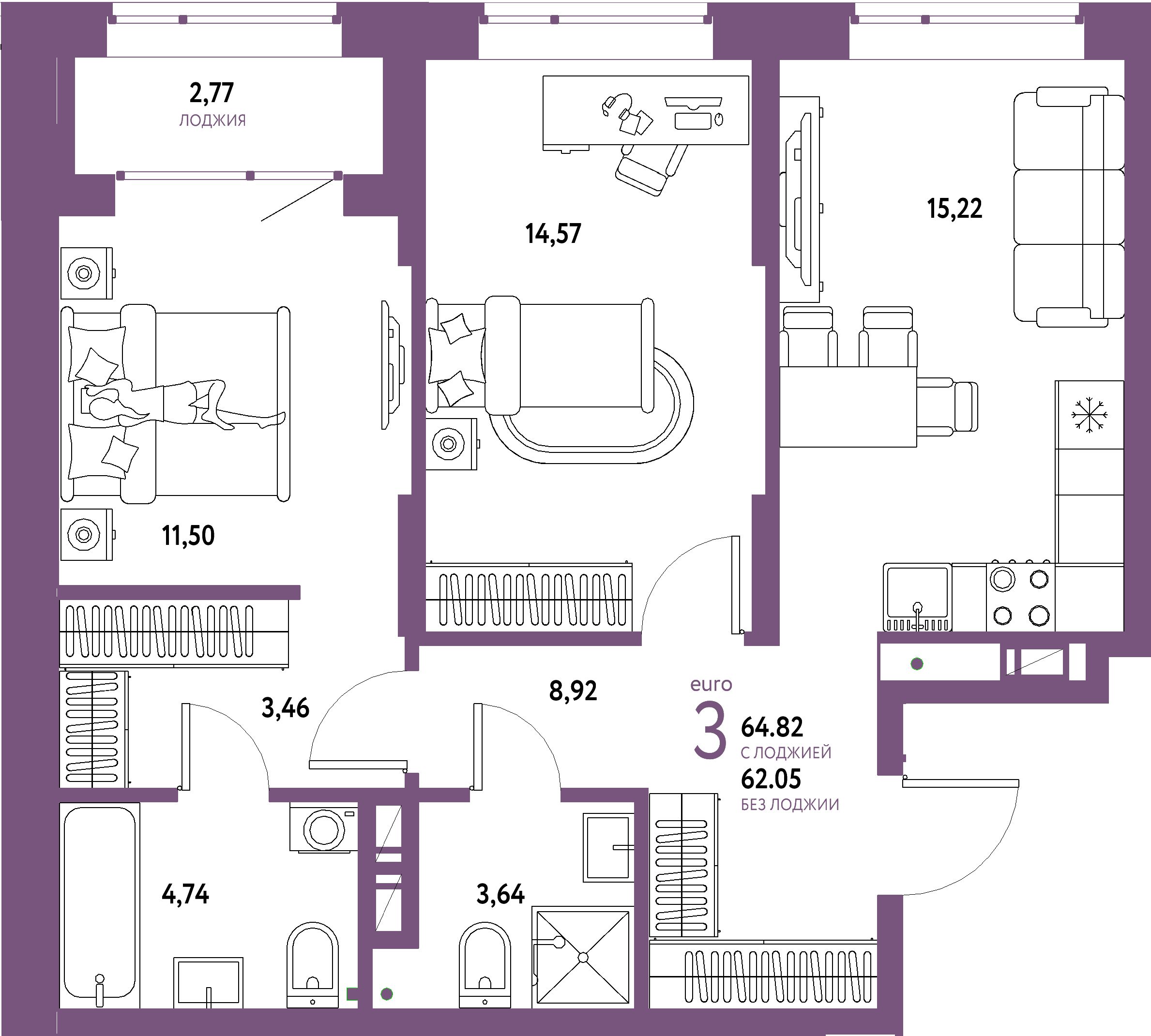 ЖК "Авторский"-3-комнатная 64.82 м²