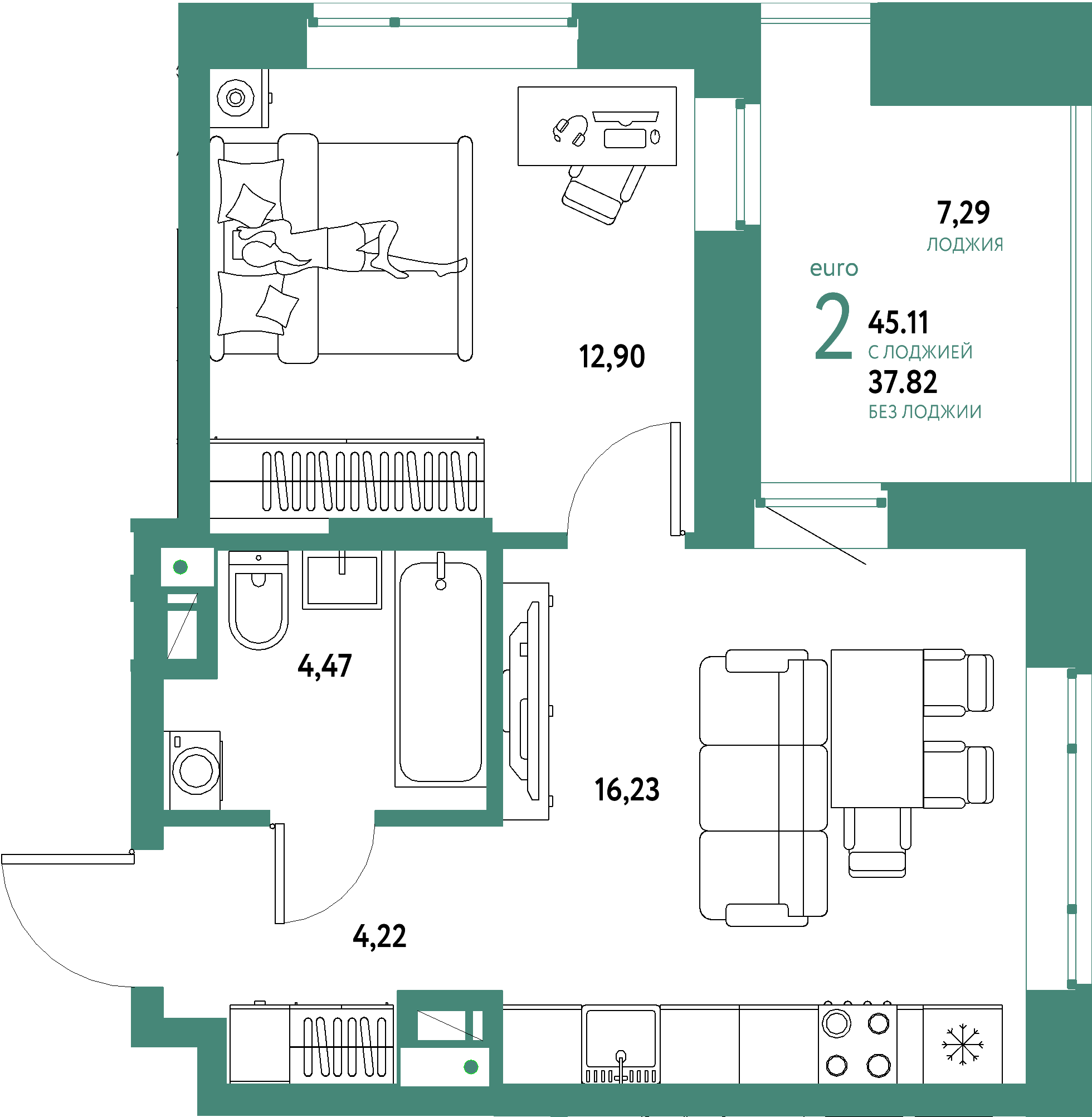 ЖК "Авторский"-2-комнатная 45.11 м²