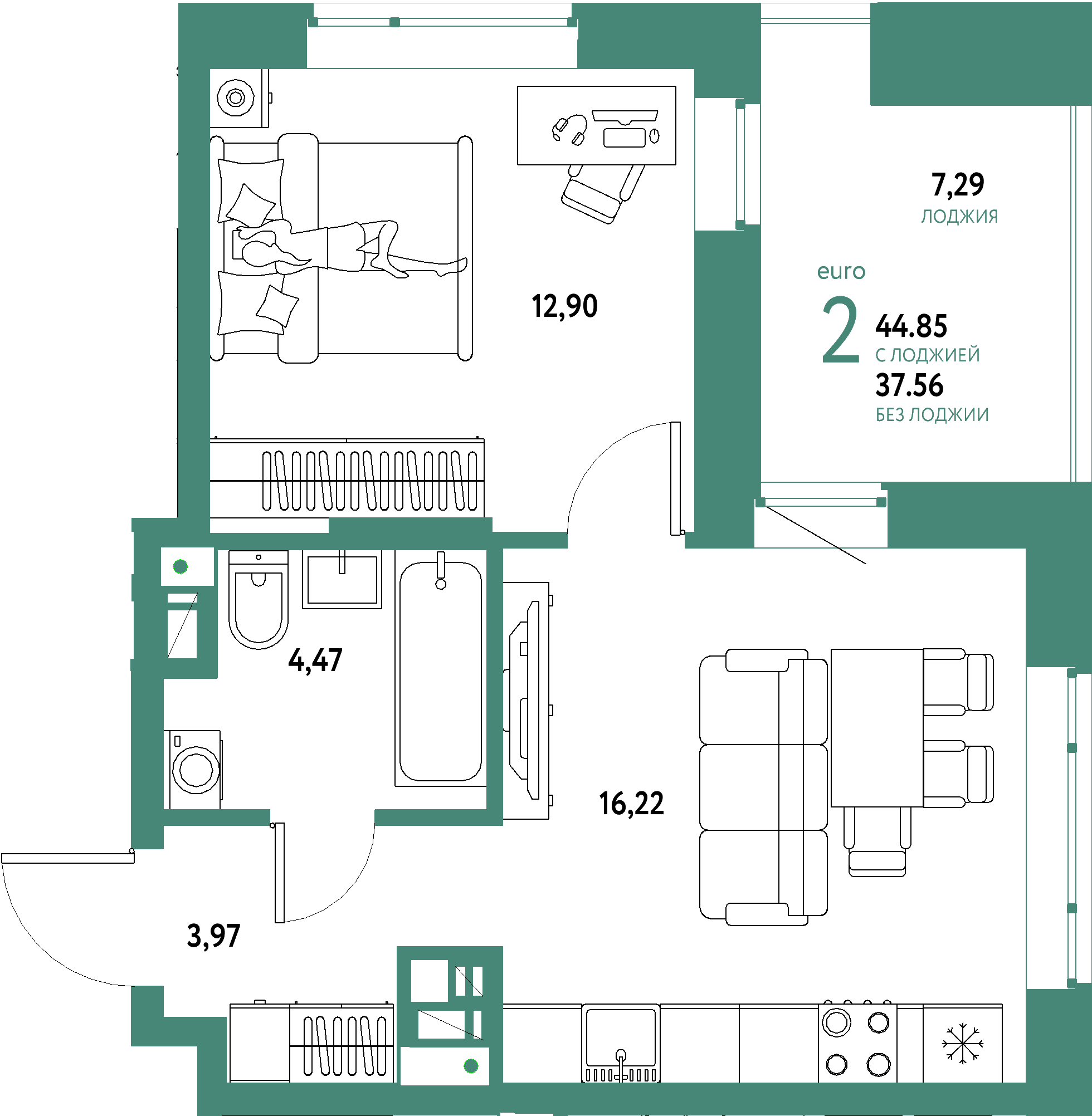 ЖК "Авторский"-2-комнатная 44.85 м²