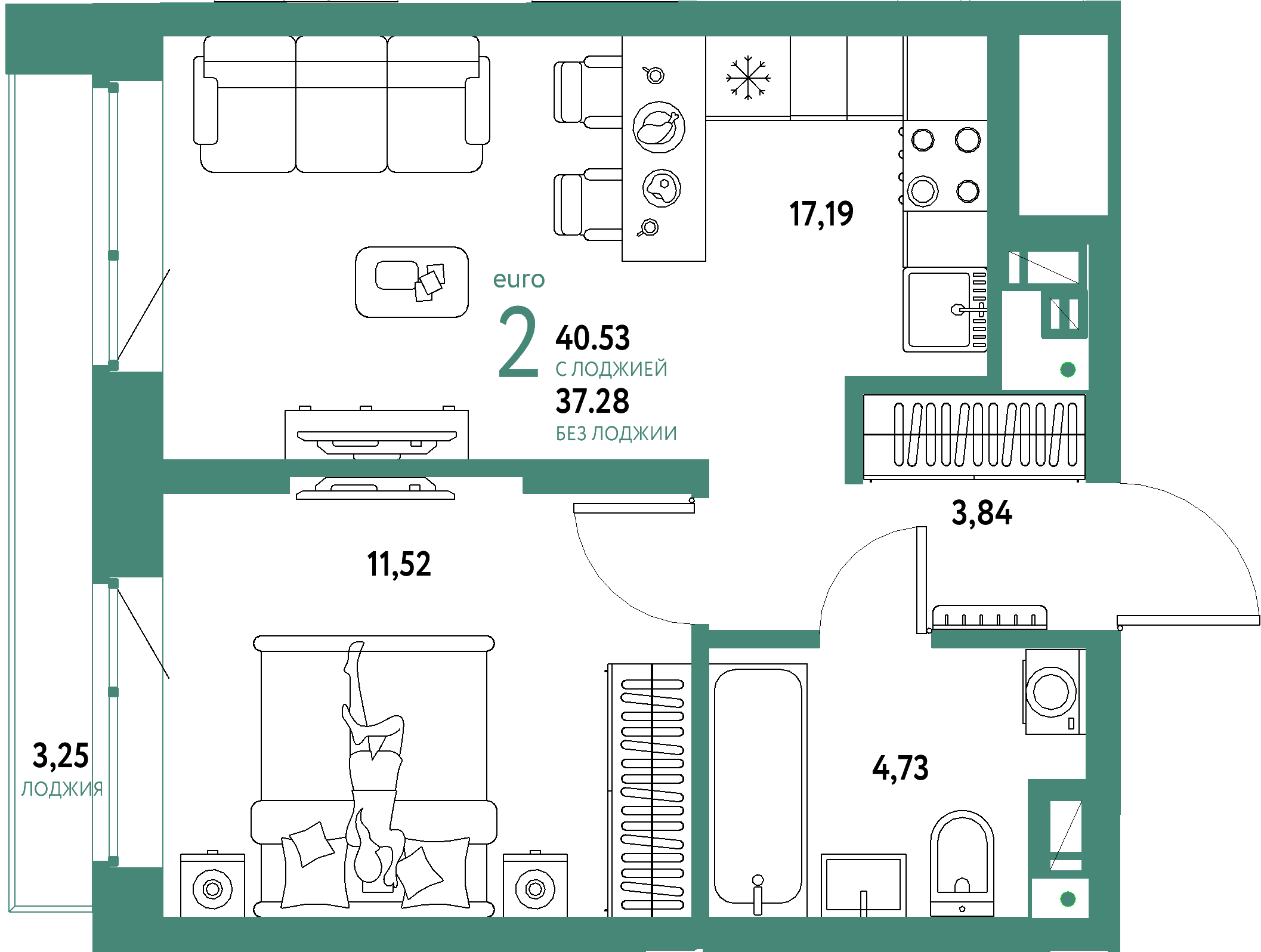ЖК "Авторский"-2-комнатная 40.53 м²