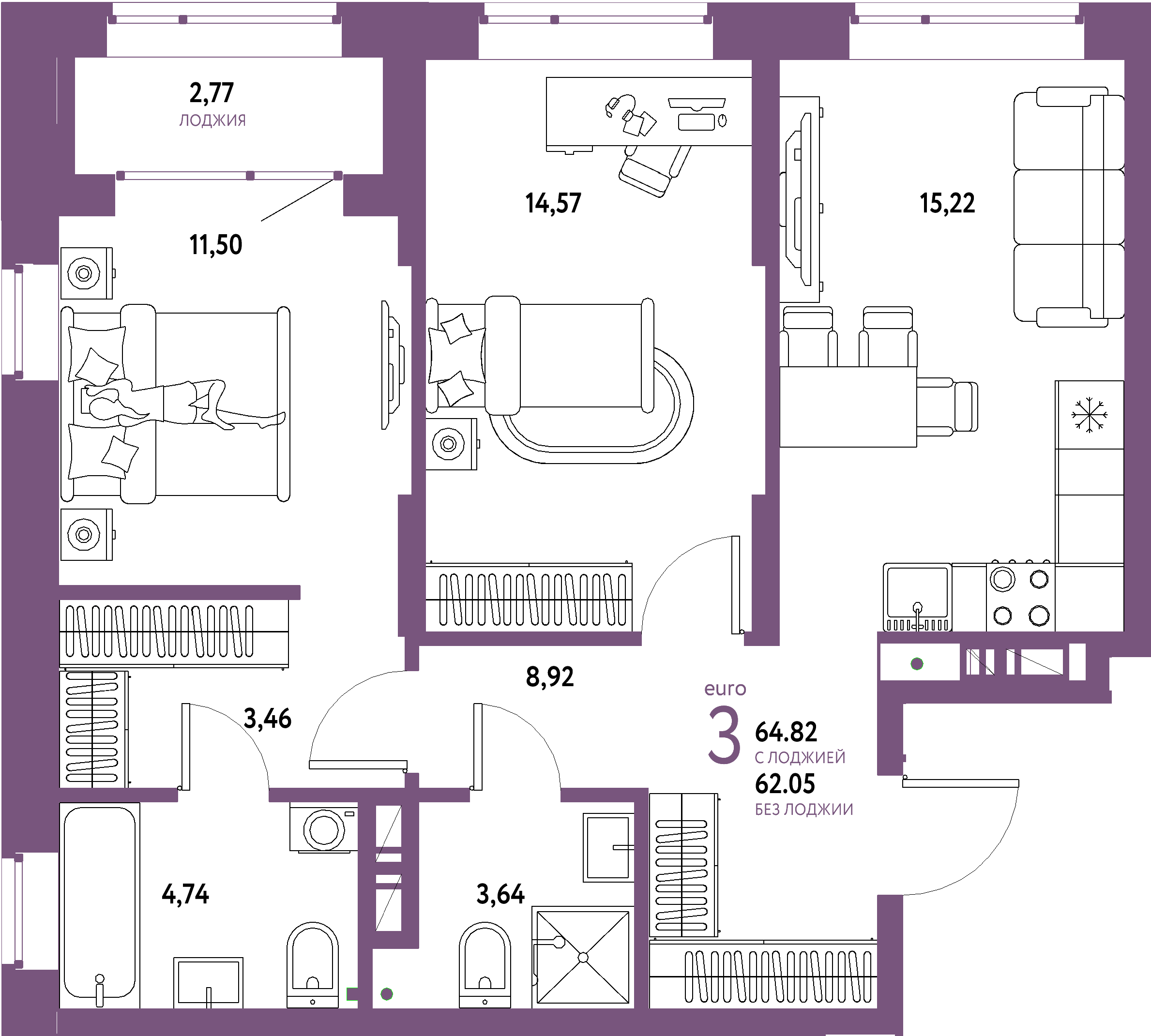 ЖК "Авторский"-3-комнатная 64.82 м²