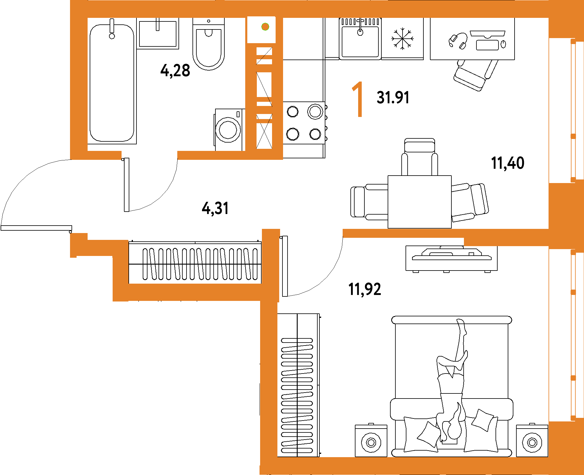 ЖК "Авторский"-1-комнатная 31.91 м²