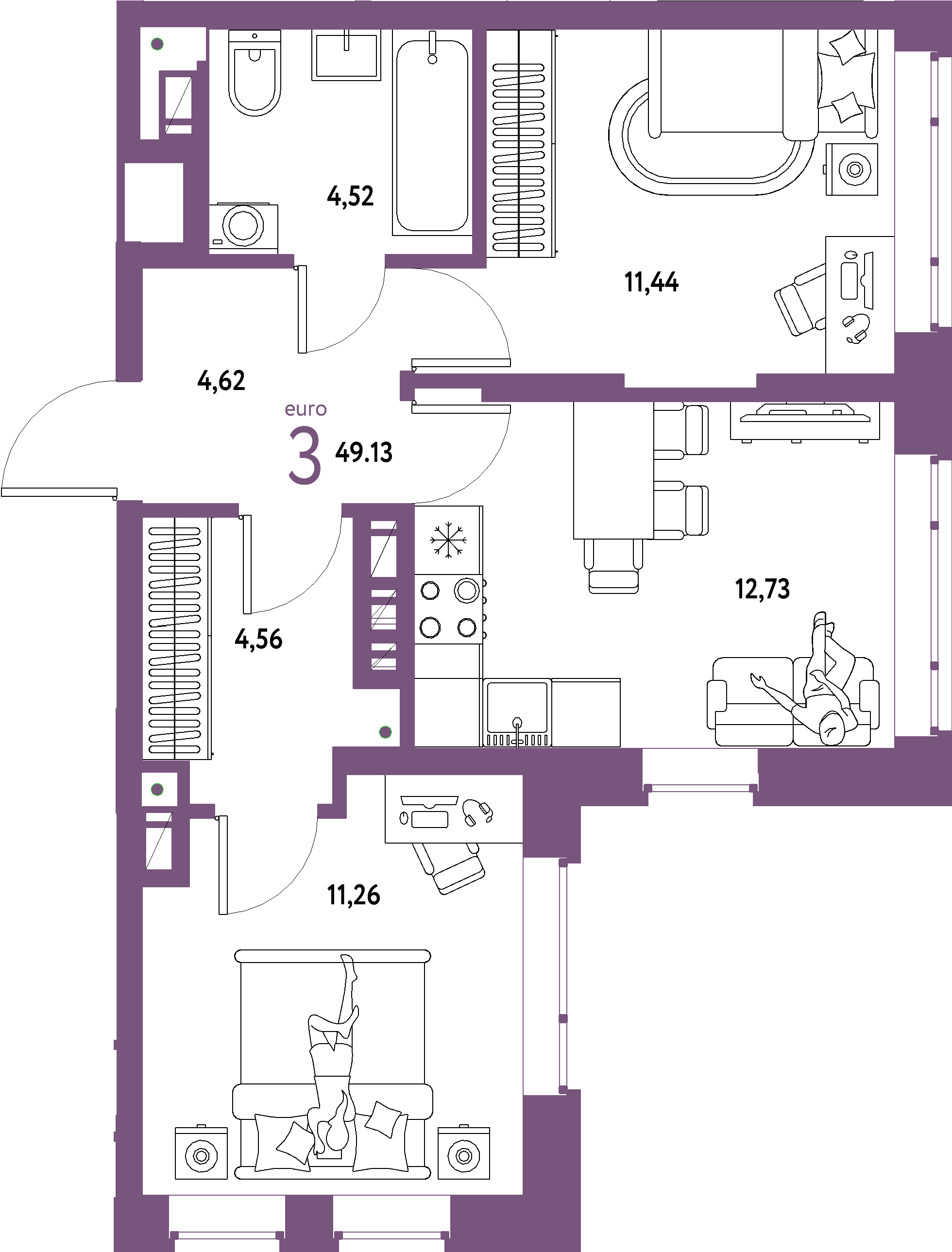ЖК "Авторский"-3-комнатная 49.13 м²