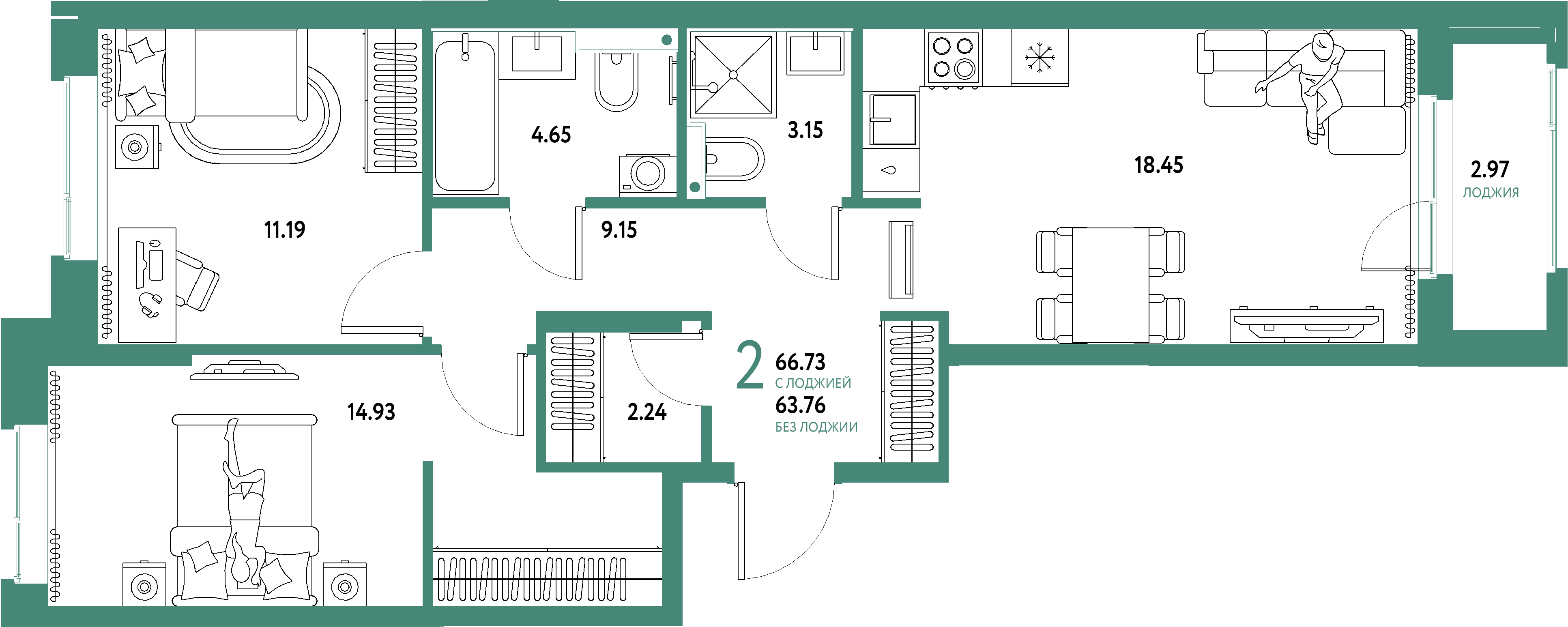 ЖК "Домашний"-2-комнатная 66.73 м²