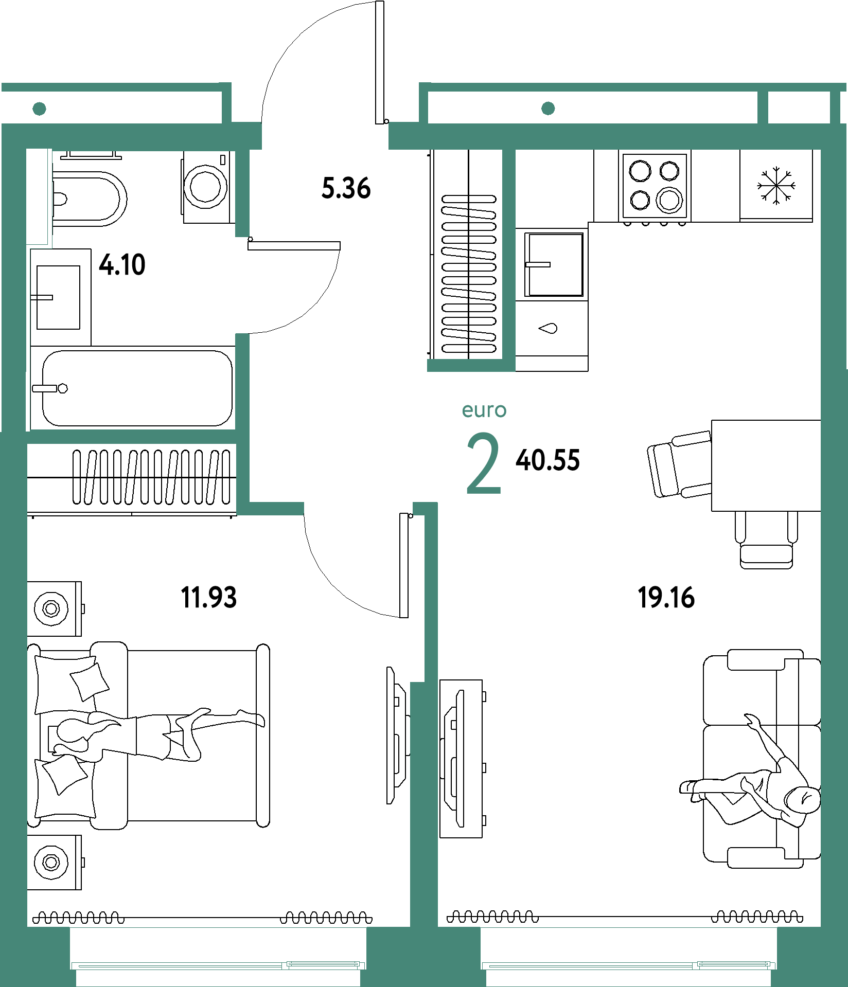 ЖК "Домашний"-2-комнатная 40.55 м²
