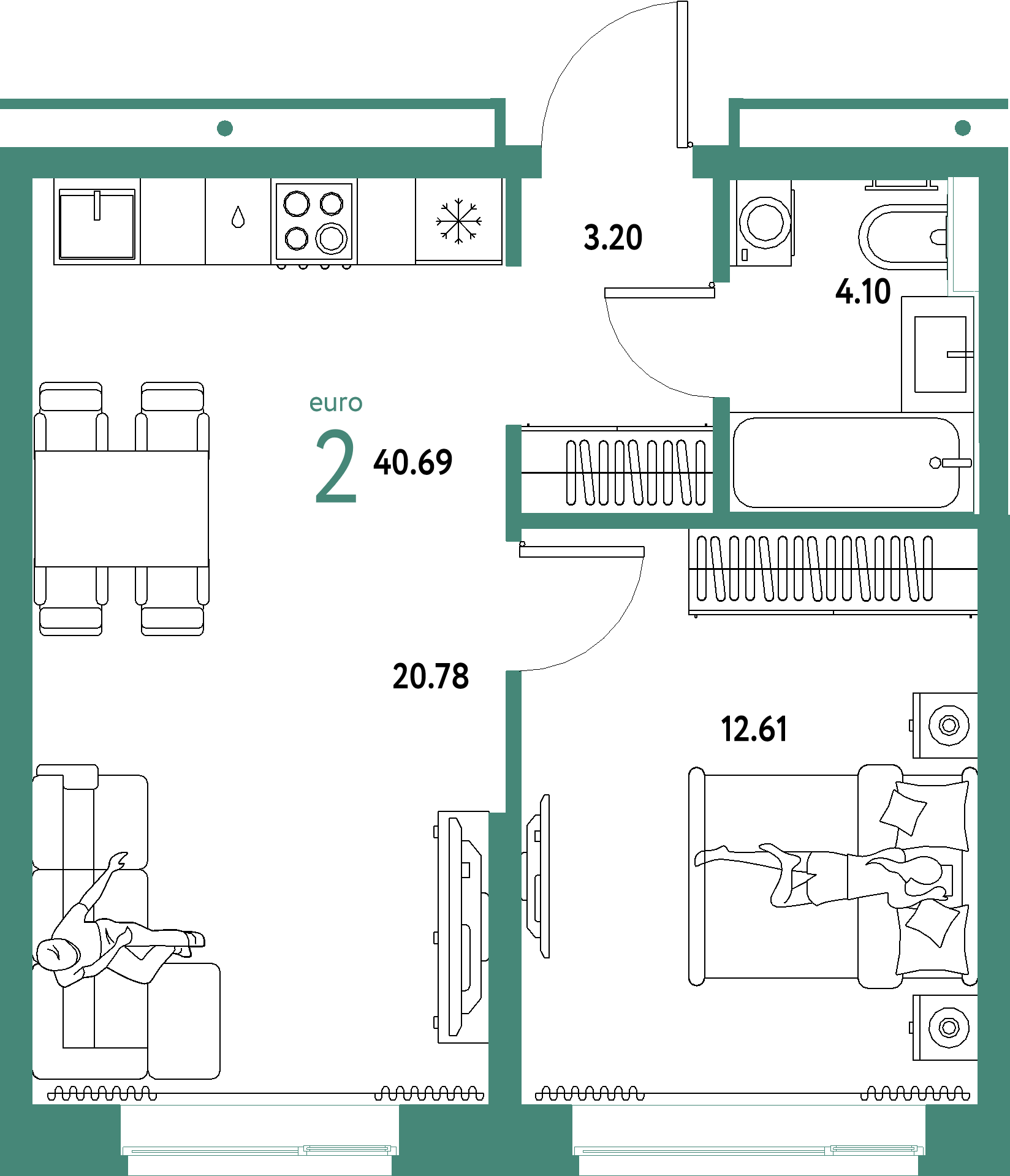 ЖК "Домашний"-2-комнатная 40.69 м²