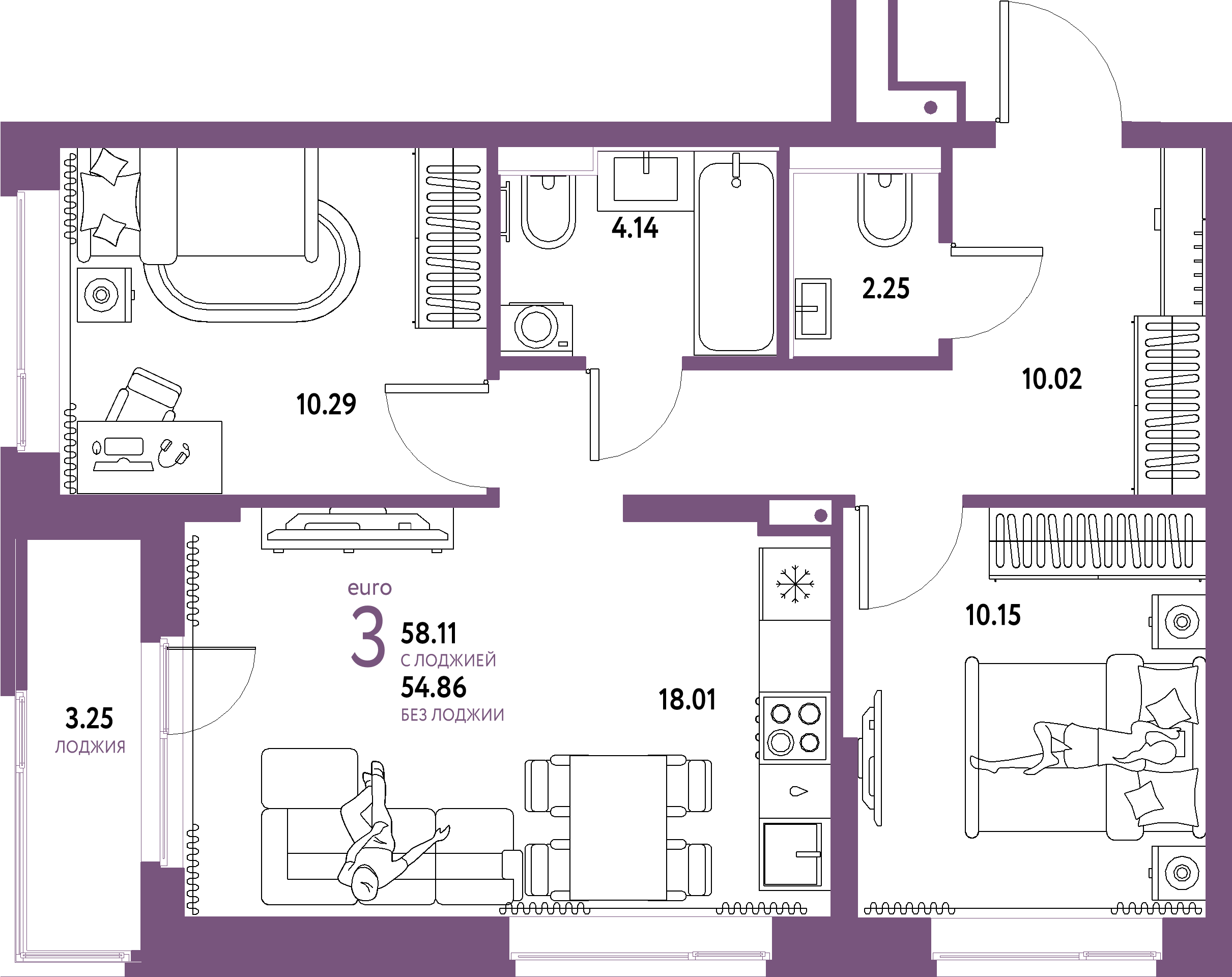 Купить 3-комнатную квартиру 58.11м², этаж №3 кв №24 в ЖК 