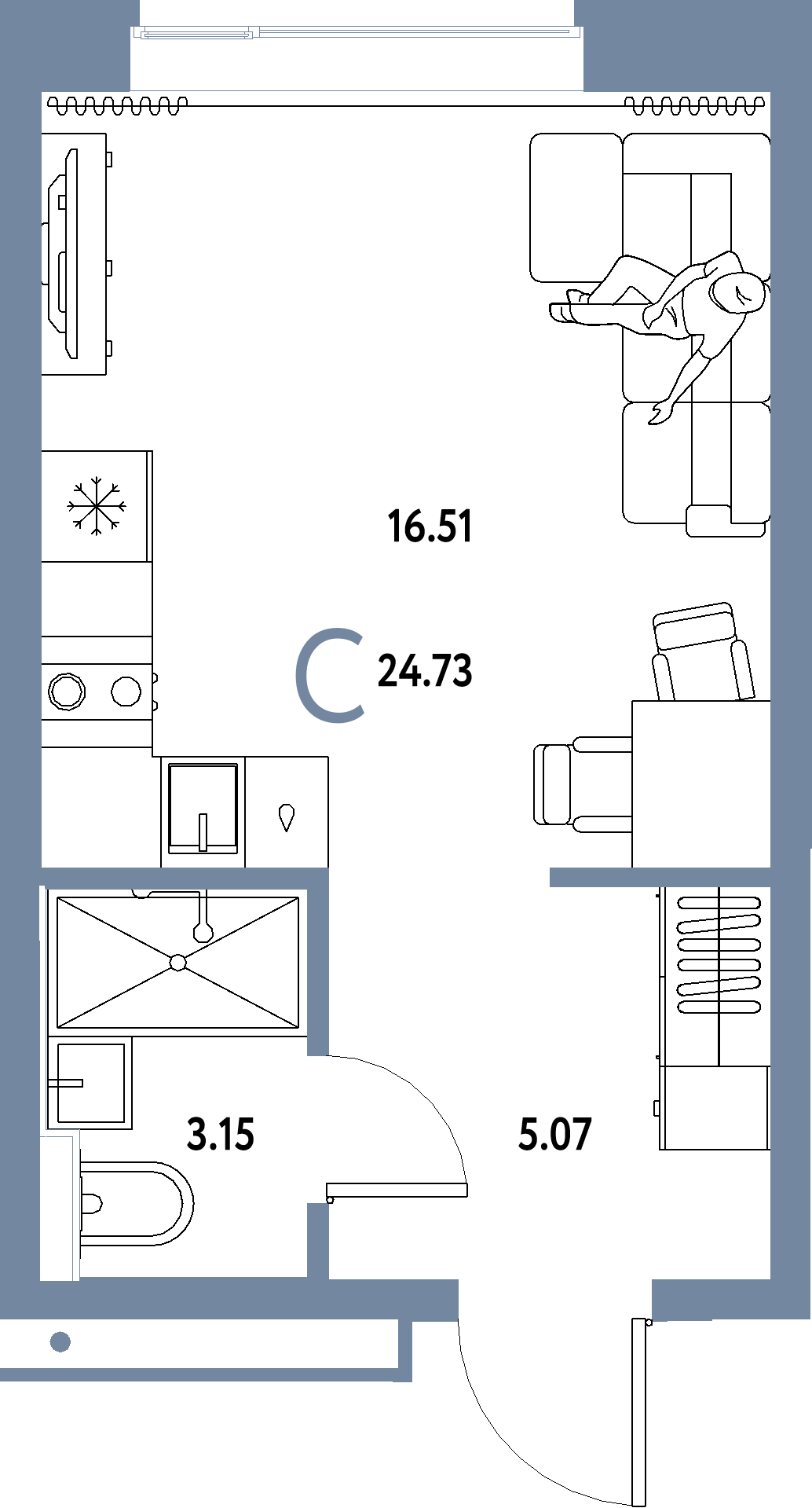 Купить Студию 24.73м², этаж №4 кв №28 в ЖК 