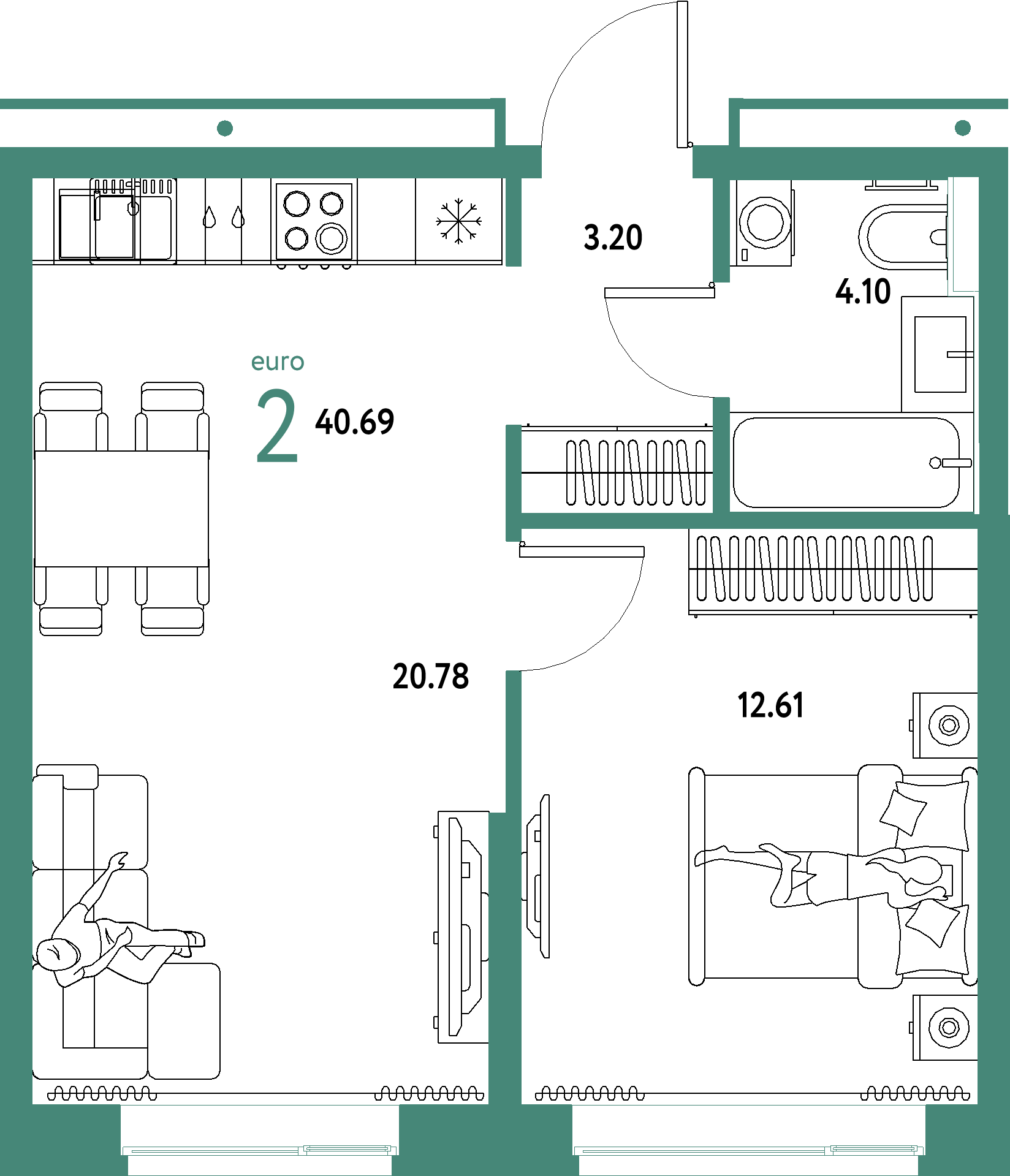 ЖК "Домашний"-2-комнатная 40.69 м²