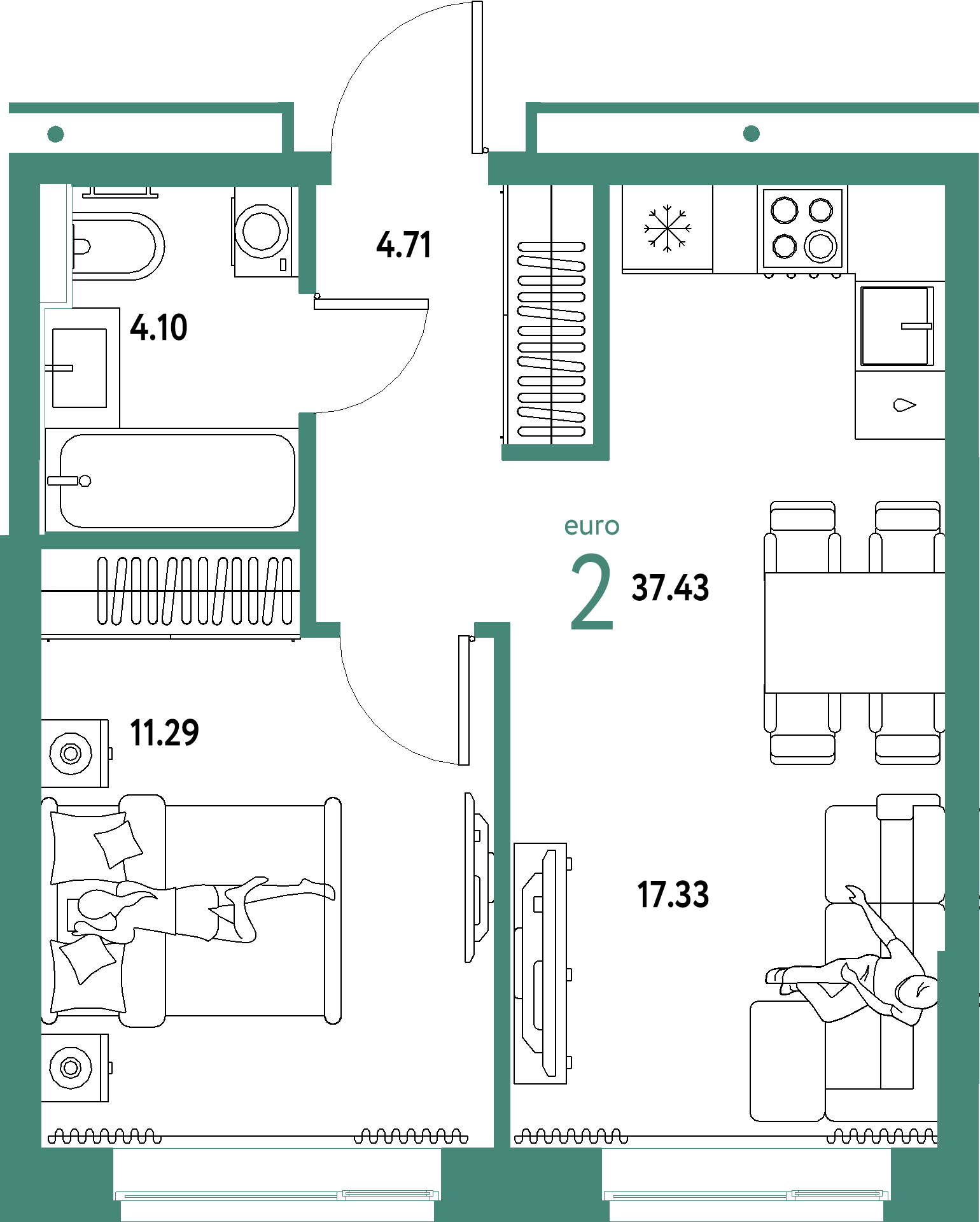 ЖК "Домашний"-2-комнатная 37.43 м²