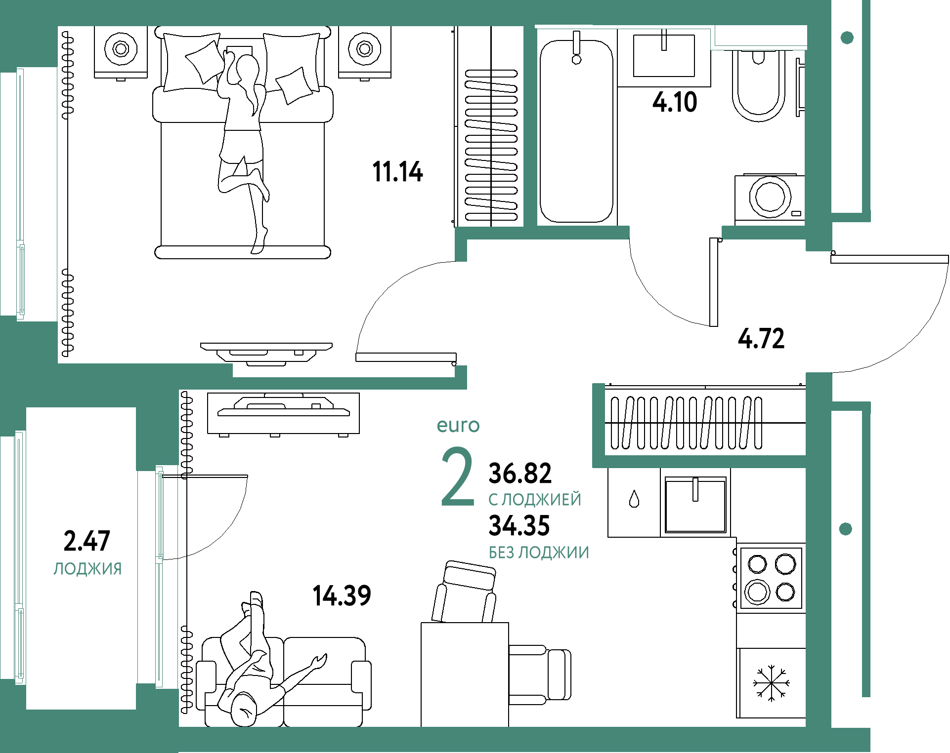 ЖК "Домашний"-2-комнатная 36.82 м²