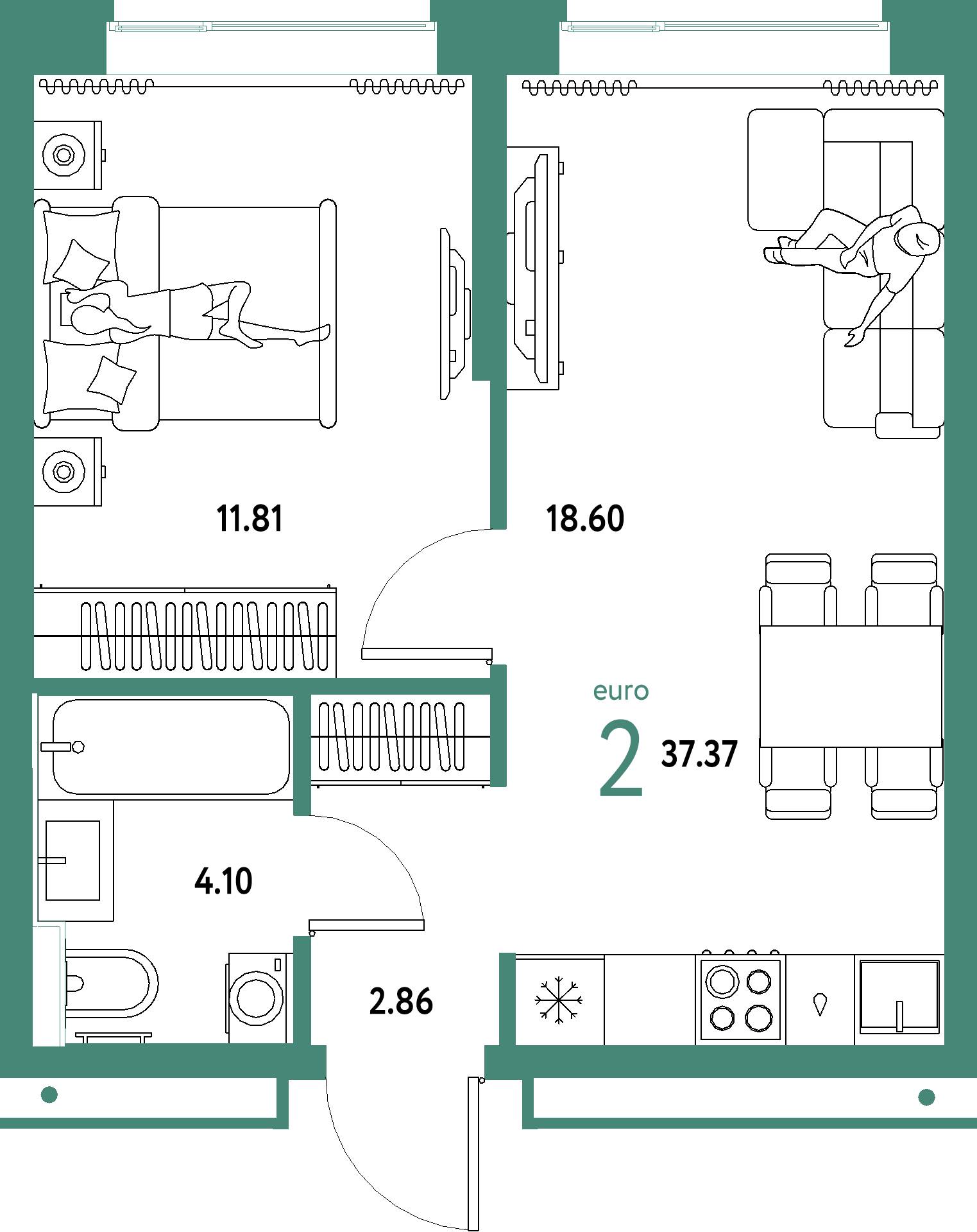 ЖК "Домашний"-2-комнатная 37.37 м²