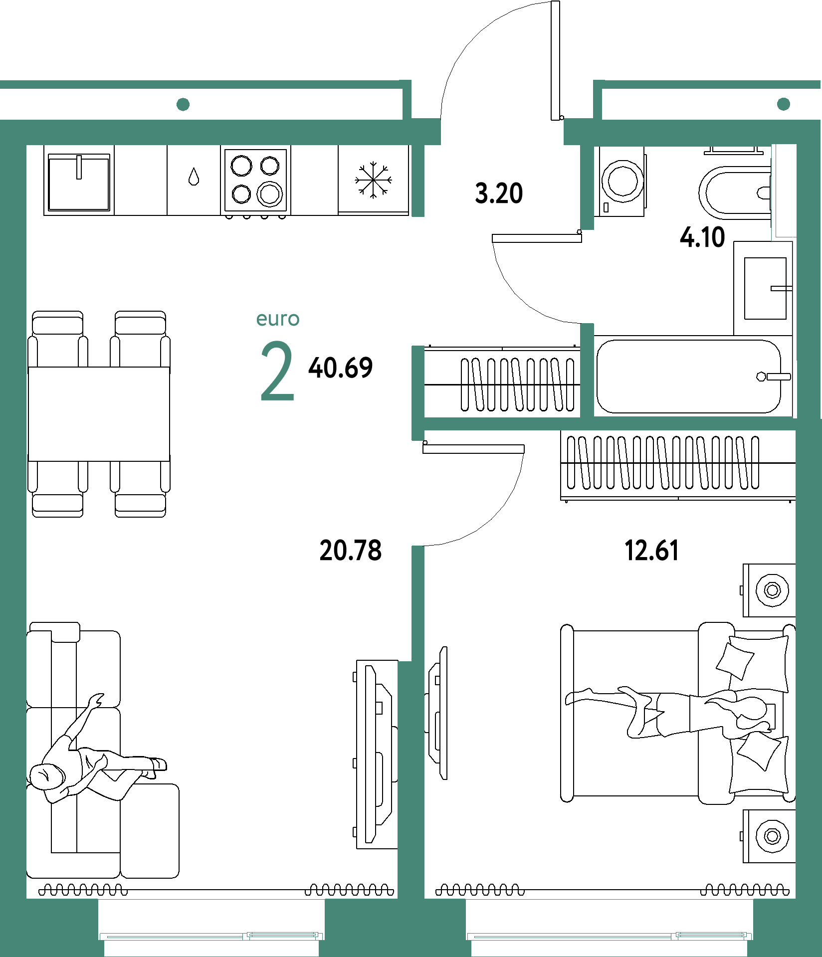 ЖК "Домашний"-2-комнатная 40.69 м²