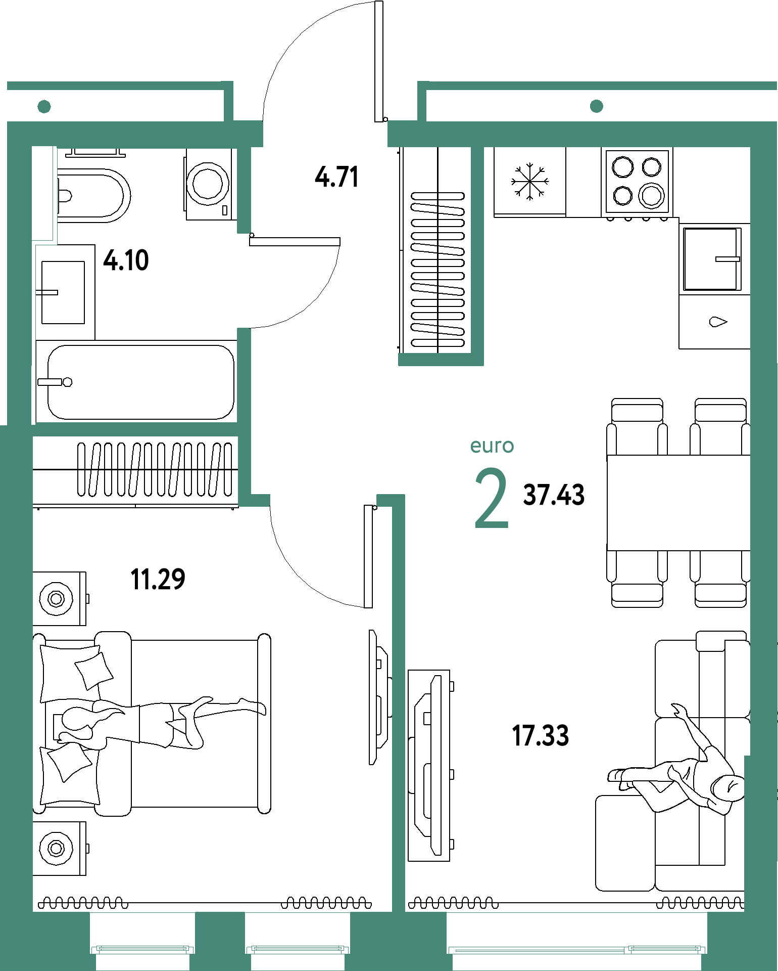 ЖК "Домашний"-2-комнатная 37.43 м²