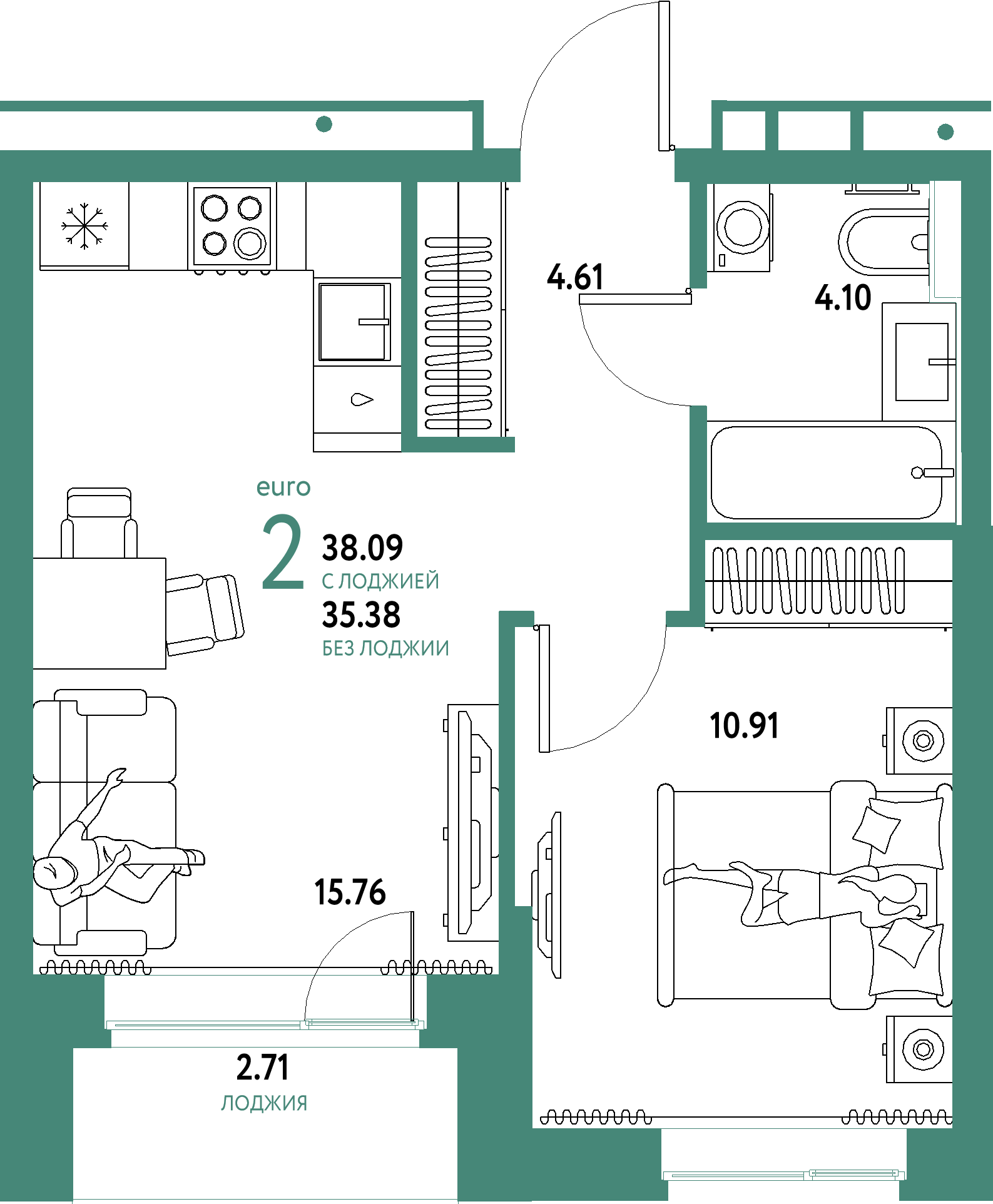 ЖК "Домашний"-2-комнатная 38.09 м²