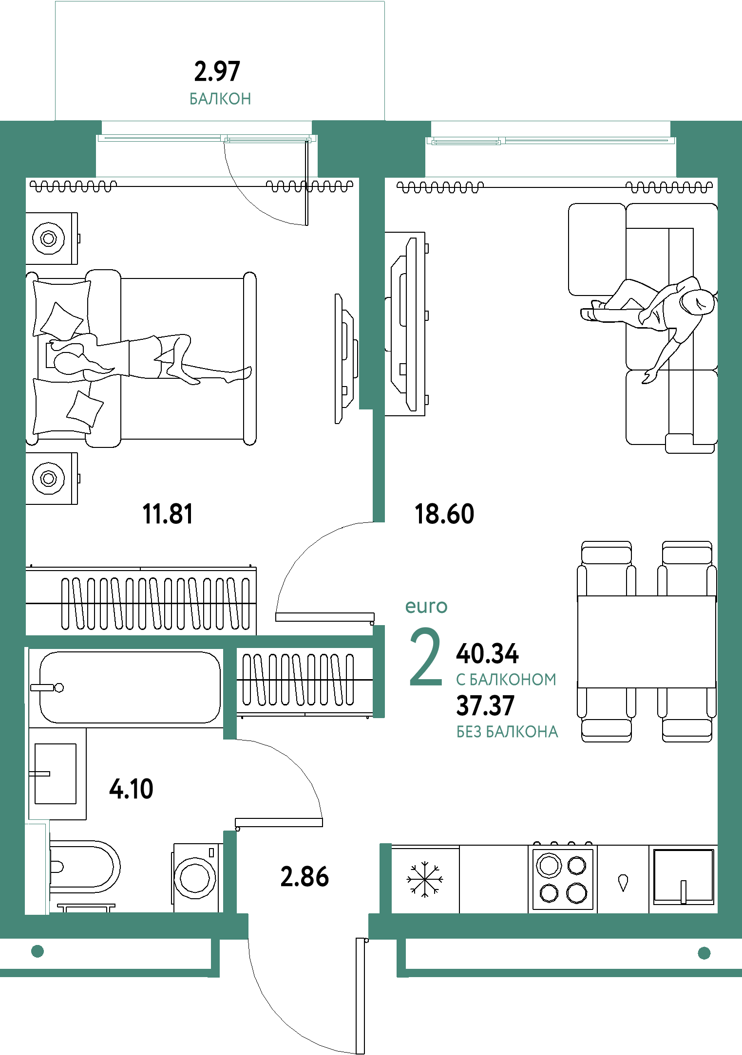 ЖК "Домашний"-2-комнатная 40.34 м²