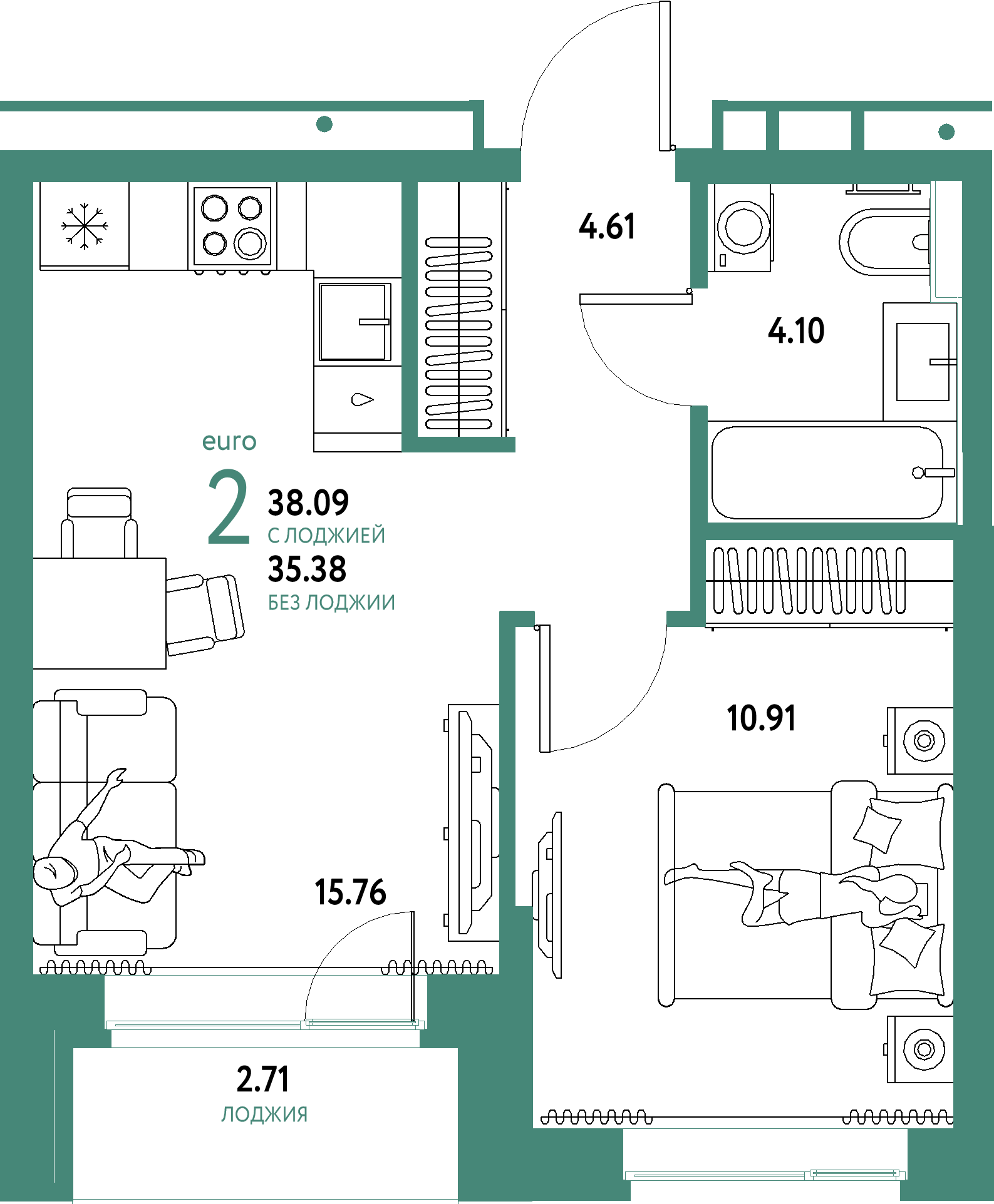 ЖК "Домашний"-2-комнатная 38.09 м²