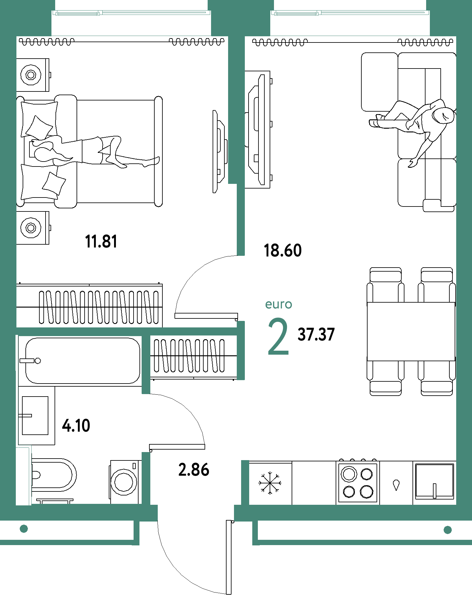 ЖК "Домашний"-2-комнатная 37.37 м²
