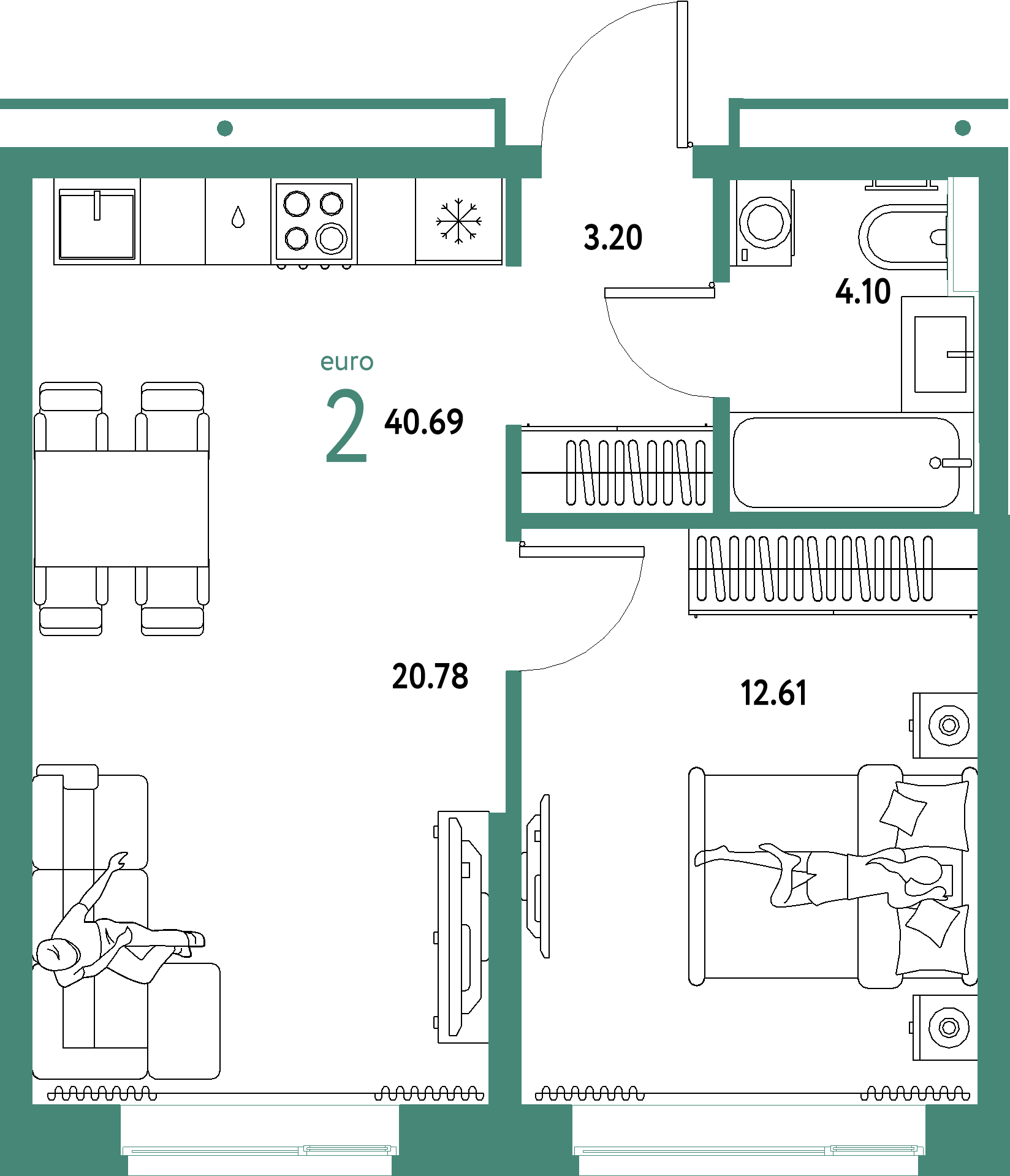 ЖК "Домашний"-2-комнатная 40.69 м²