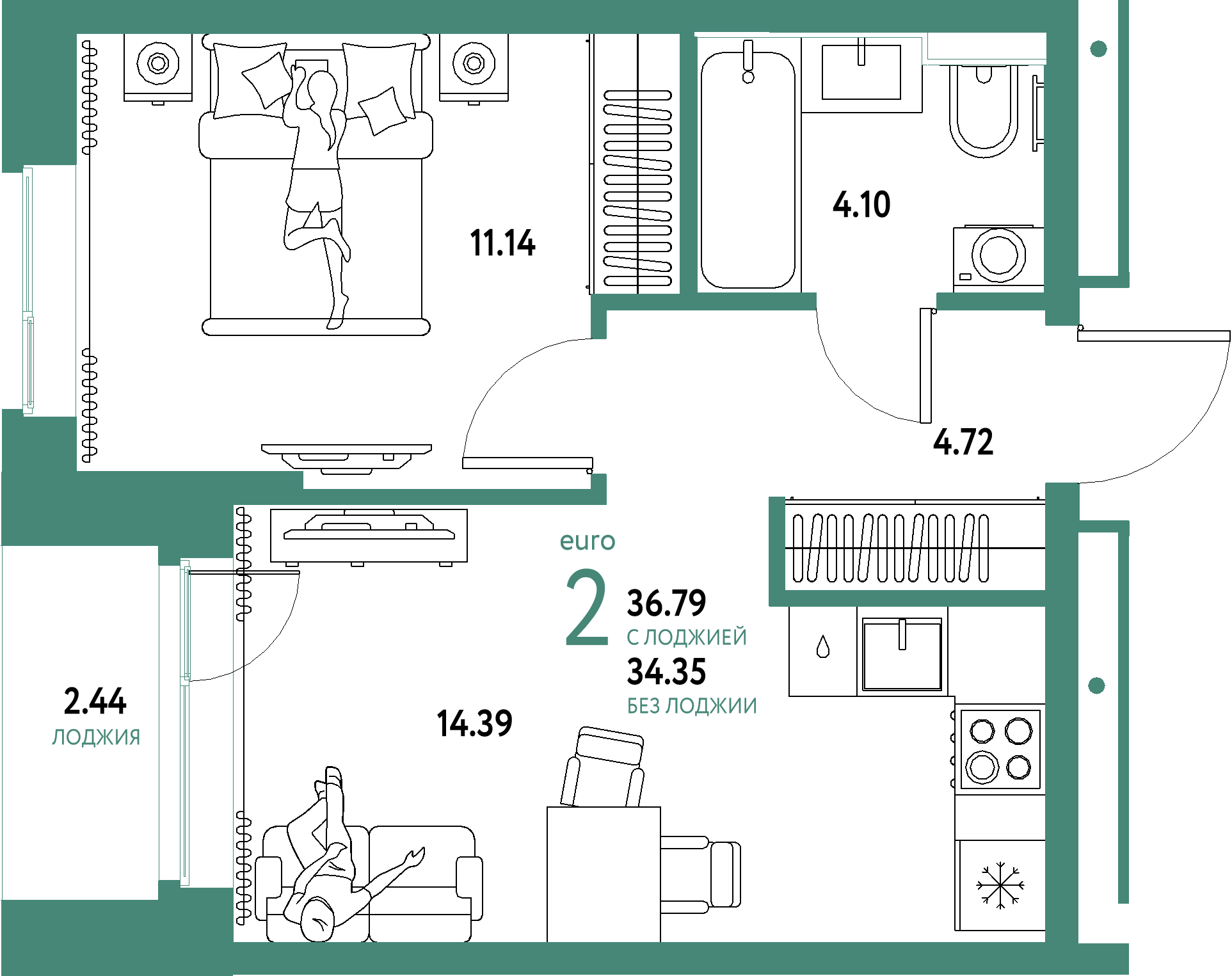 ЖК "Домашний"-2-комнатная 36.79 м²