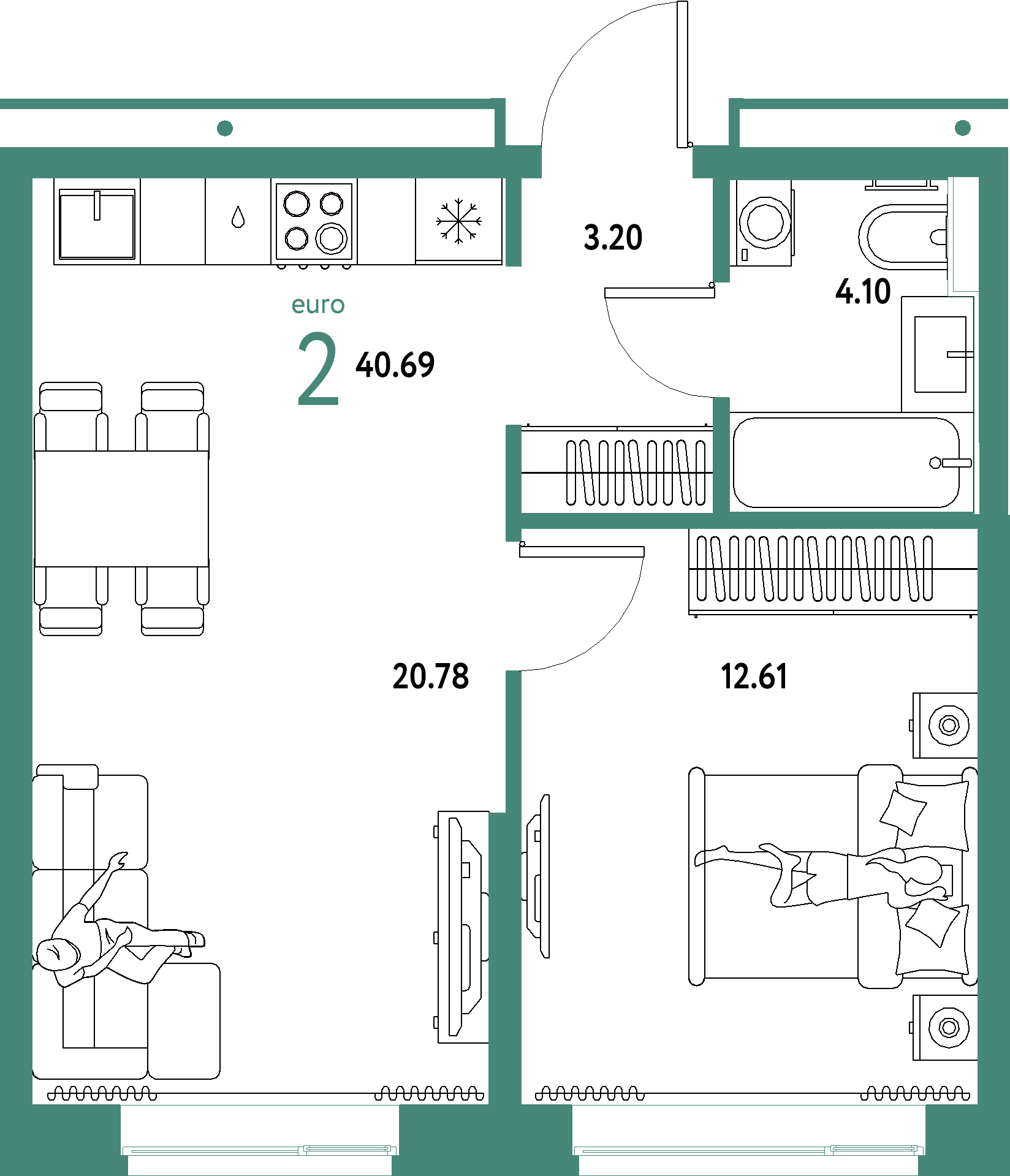 ЖК "Домашний"-2-комнатная 40.69 м²