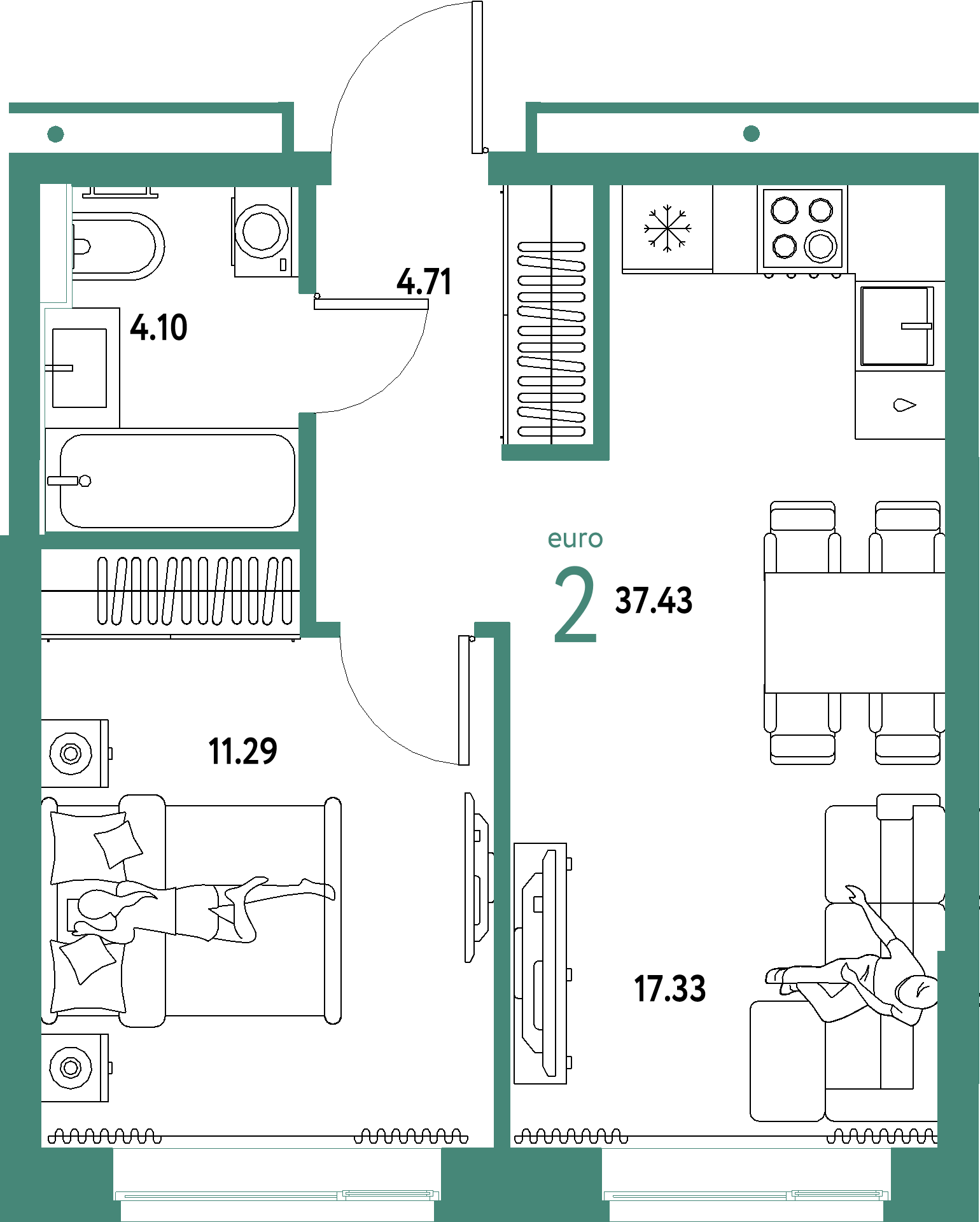 ЖК "Домашний"-2-комнатная 37.43 м²