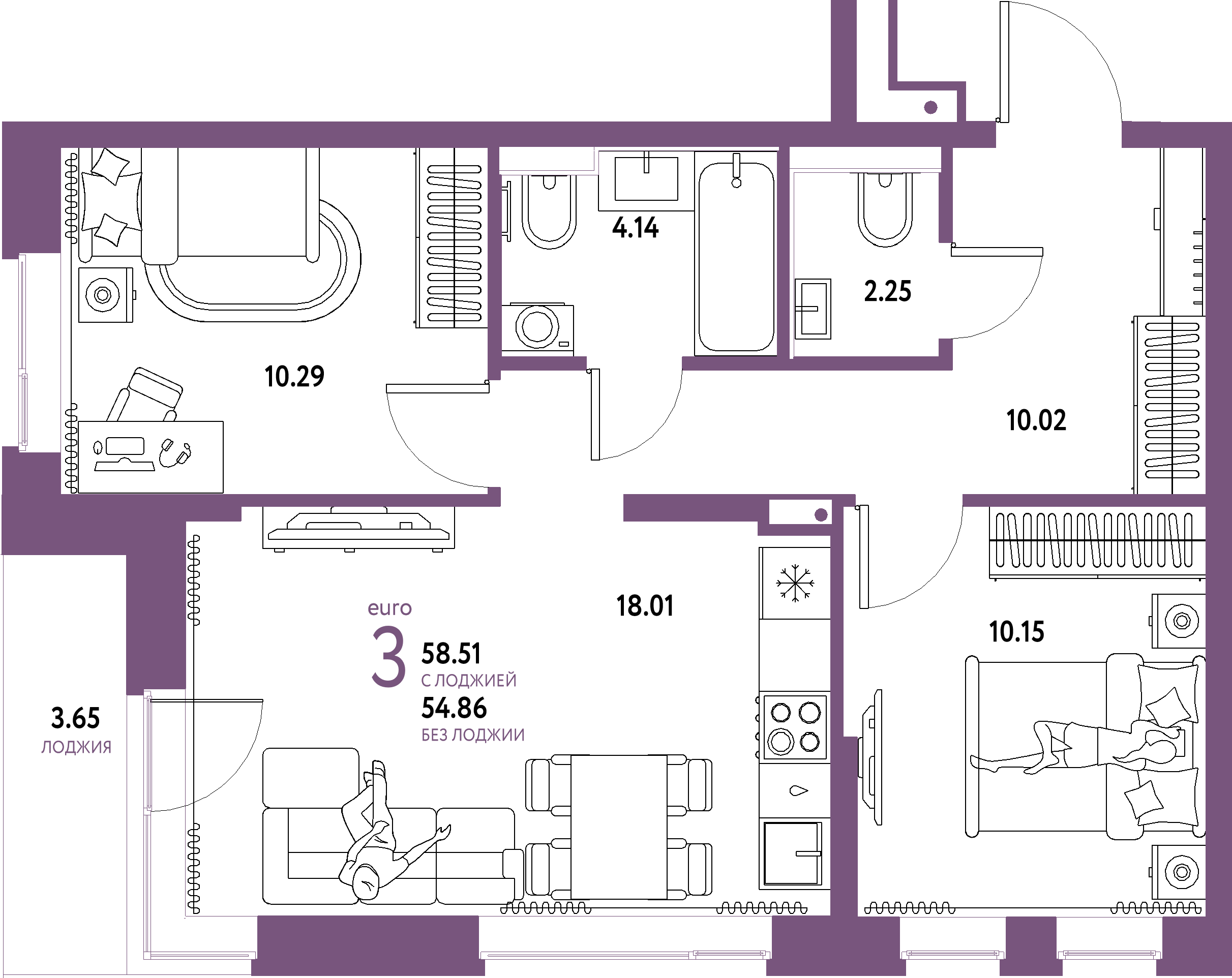 ЖК "Домашний"-3-комнатная 58.51 м²