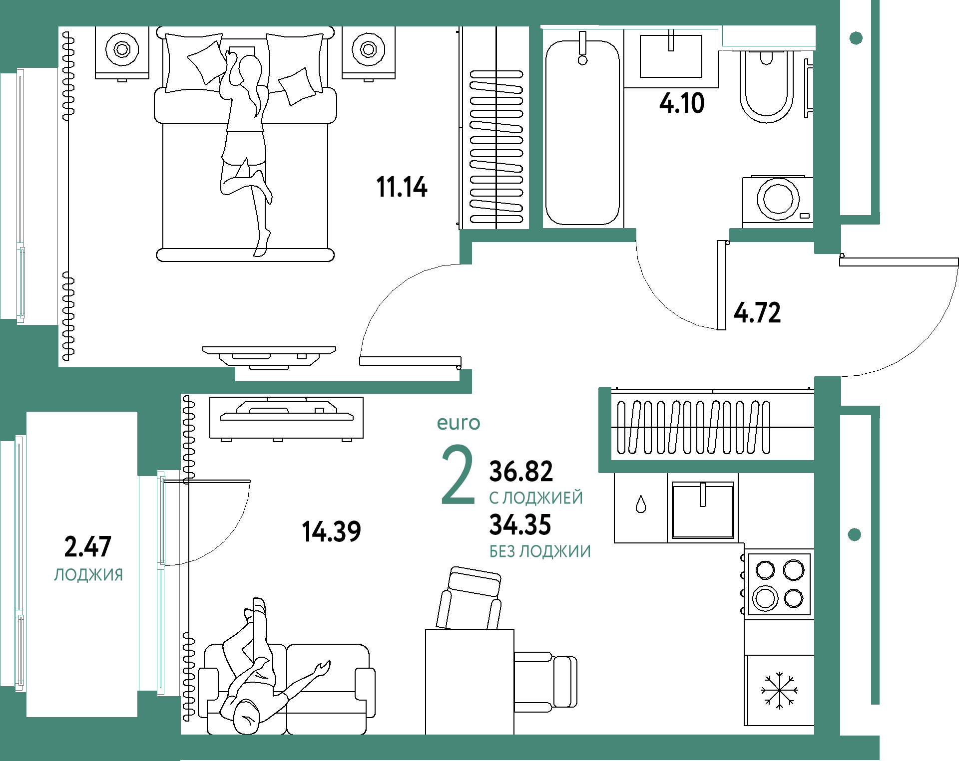 ЖК "Домашний"-2-комнатная 36.82 м²